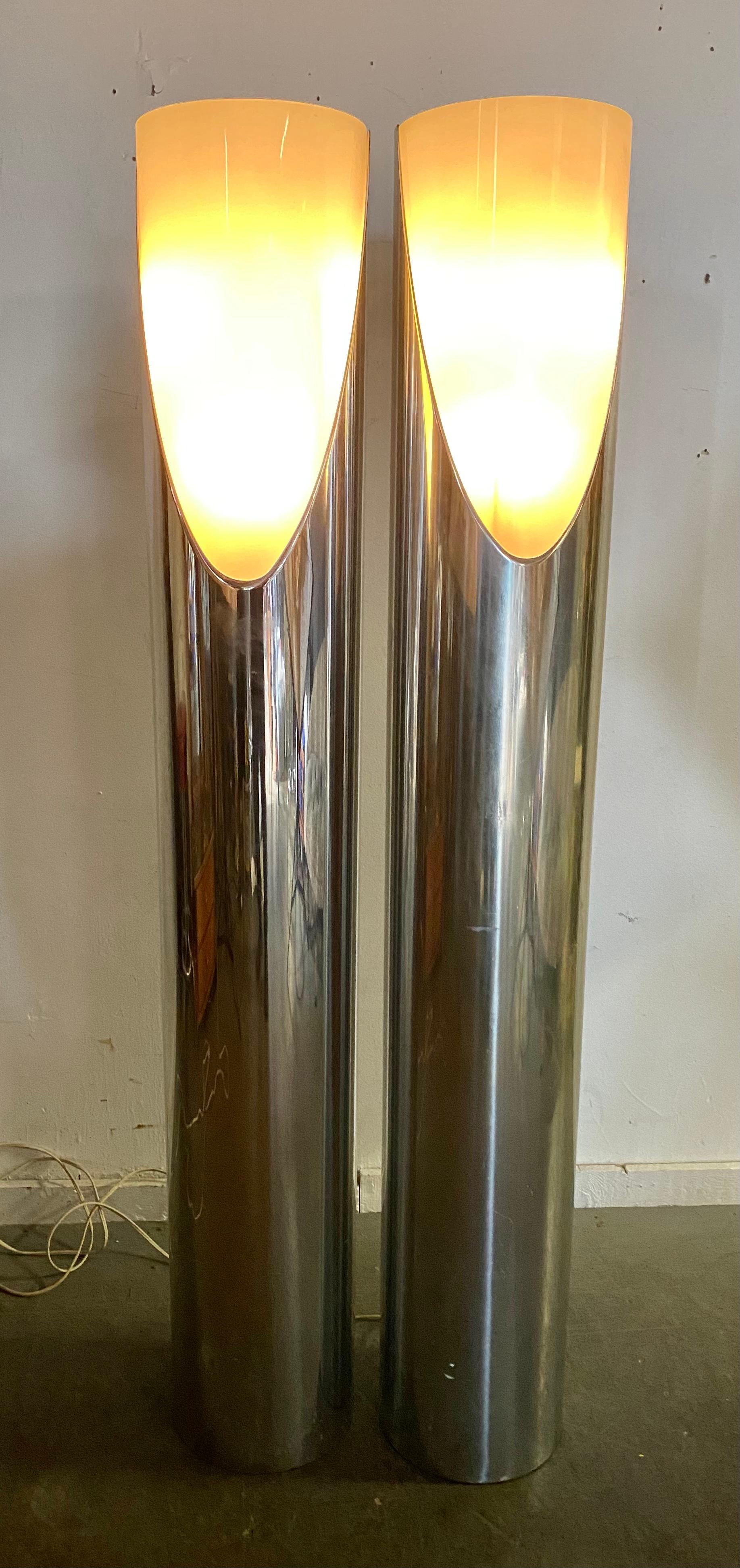 Pair Modernist, sPACE Age floor lamps by Paul Mayen for Habitat. Stunning matched pair. Minor scratches to aluminum towers. 2-way light options. Tested and all electrical working. Hand delivery avail to New York City or anywhere en route from