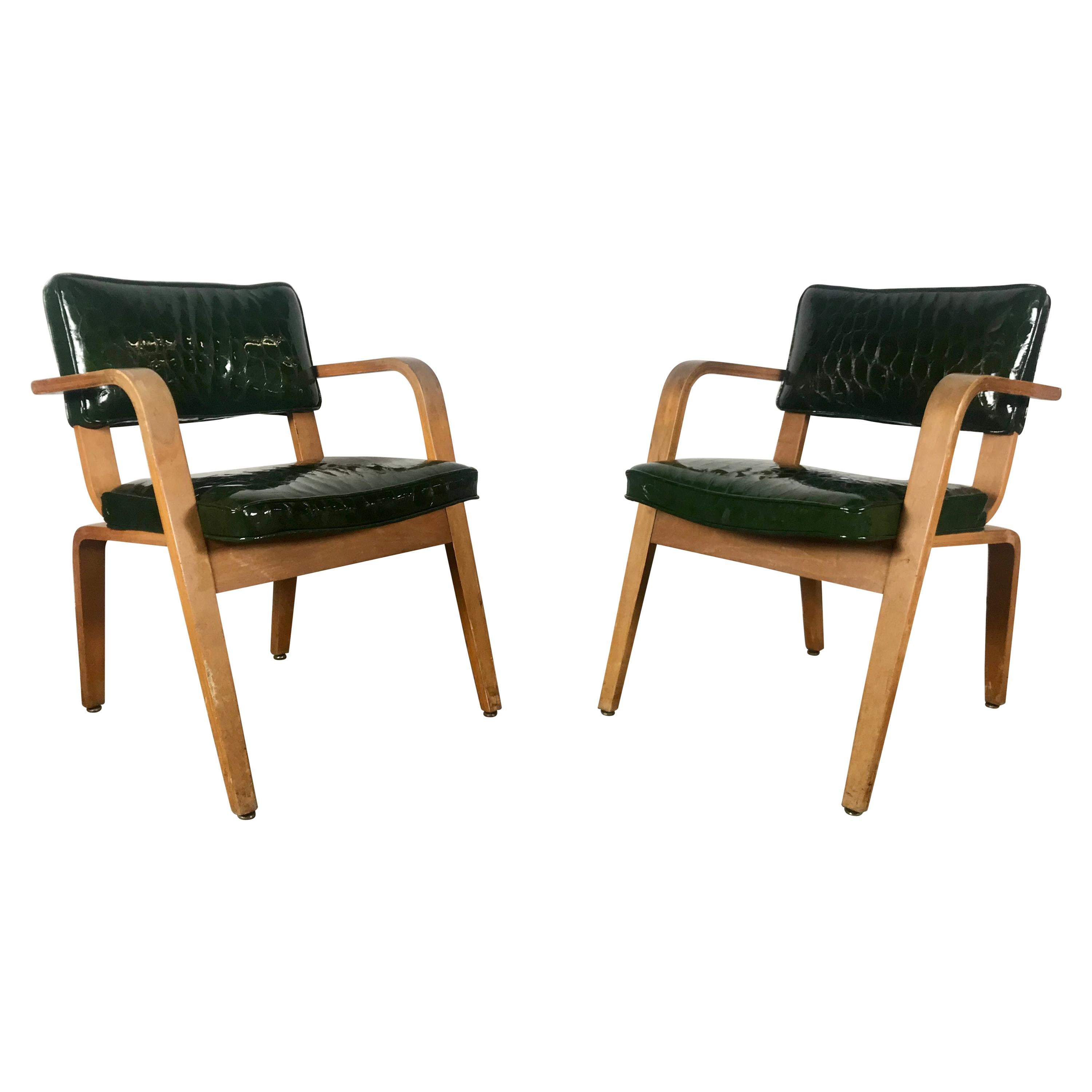 Pair of Modernist Thonet Bent Wood and Alligator Patent Leather Lounge Chairs