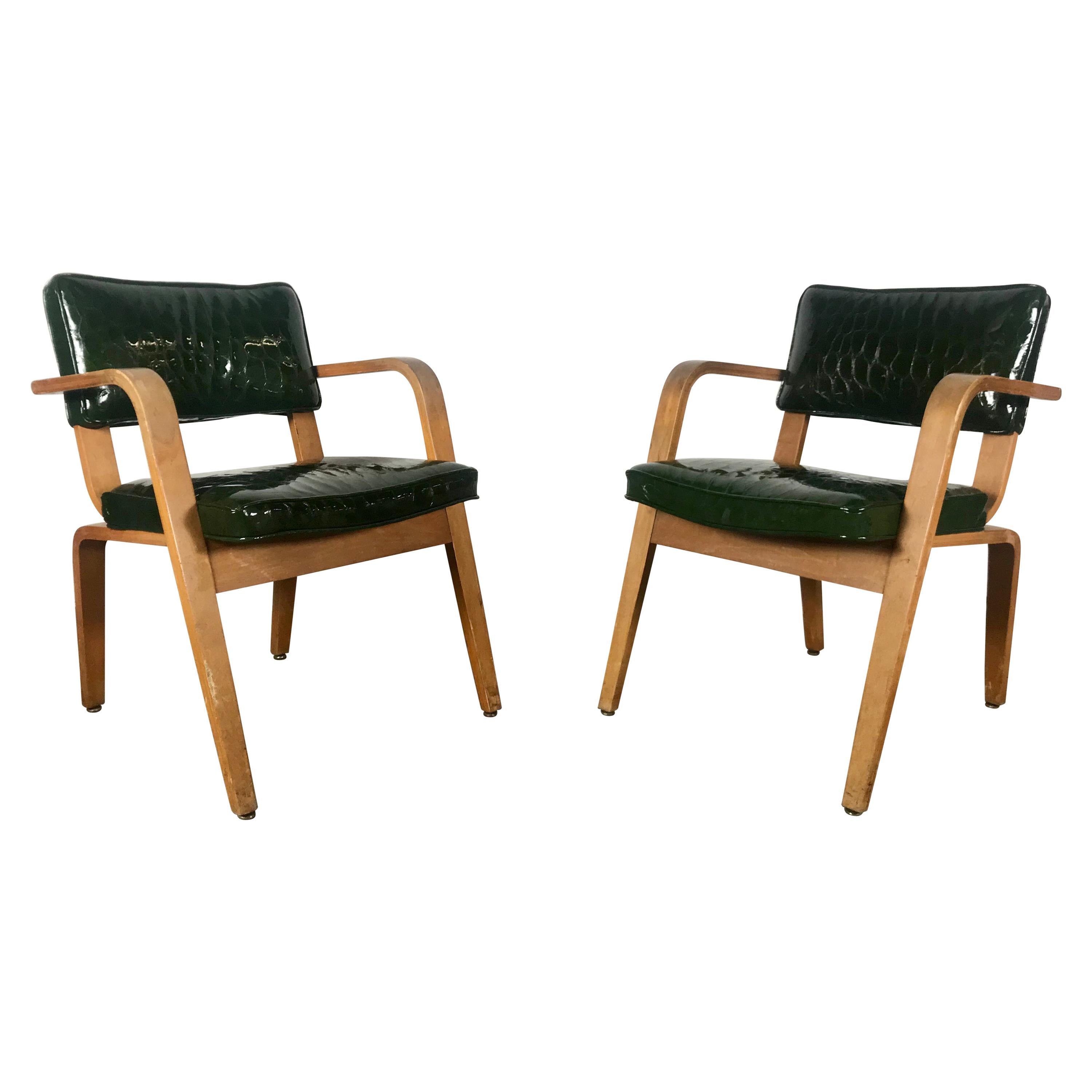 Pair of Modernist Bent Wood and Alligator Patent Leather Lounge