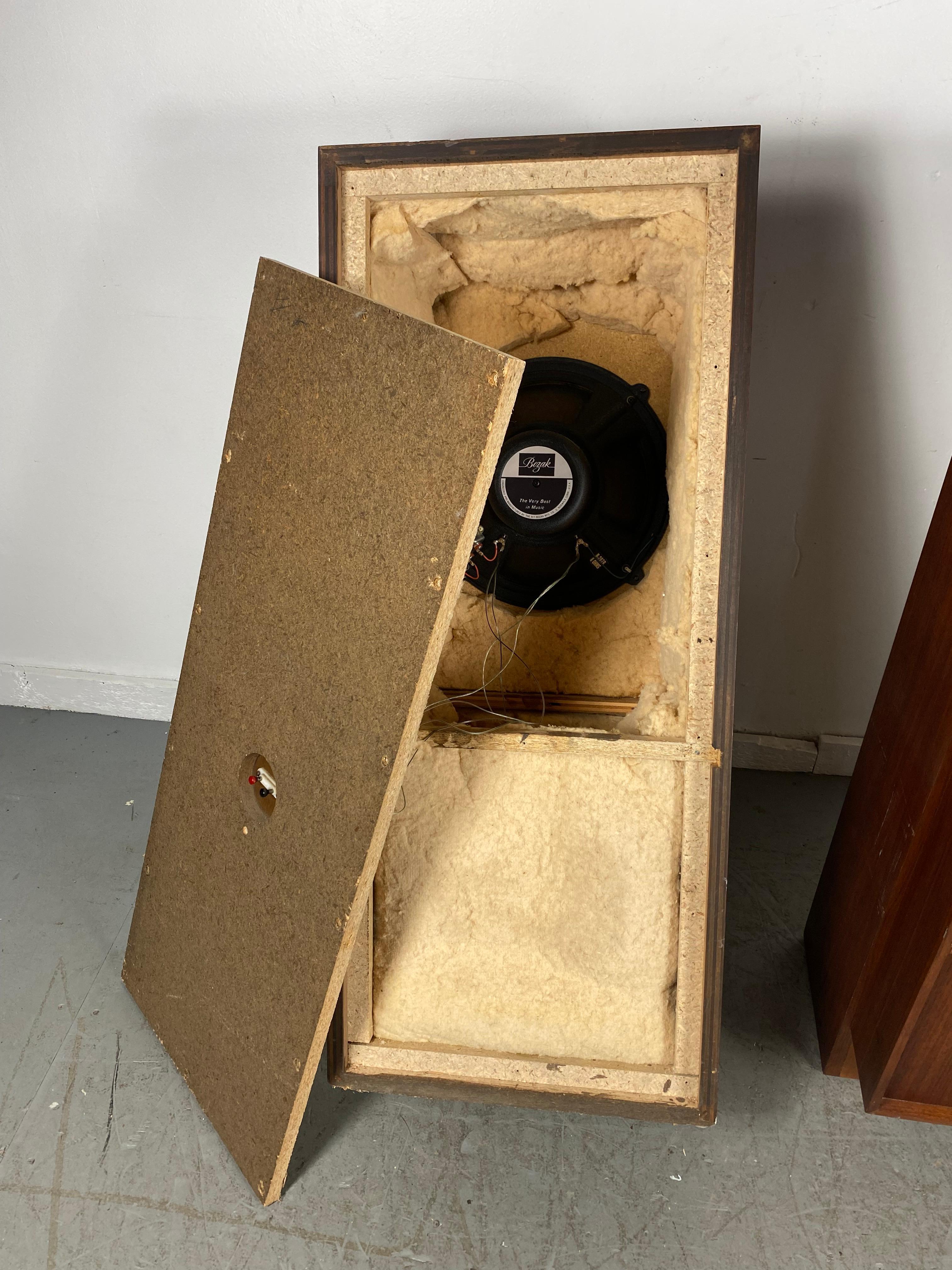Grasscloth Pair Modernist Walnut Audio Speakers by Bozak, Frank Lloyd Wright Design For Sale