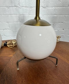 Pair Modernist White Sphere and Brass Bedside / table lamps