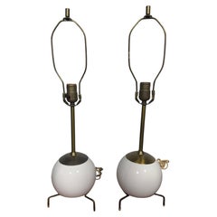 Pair Modernist White Sphere and Brass Bedside / table lamps