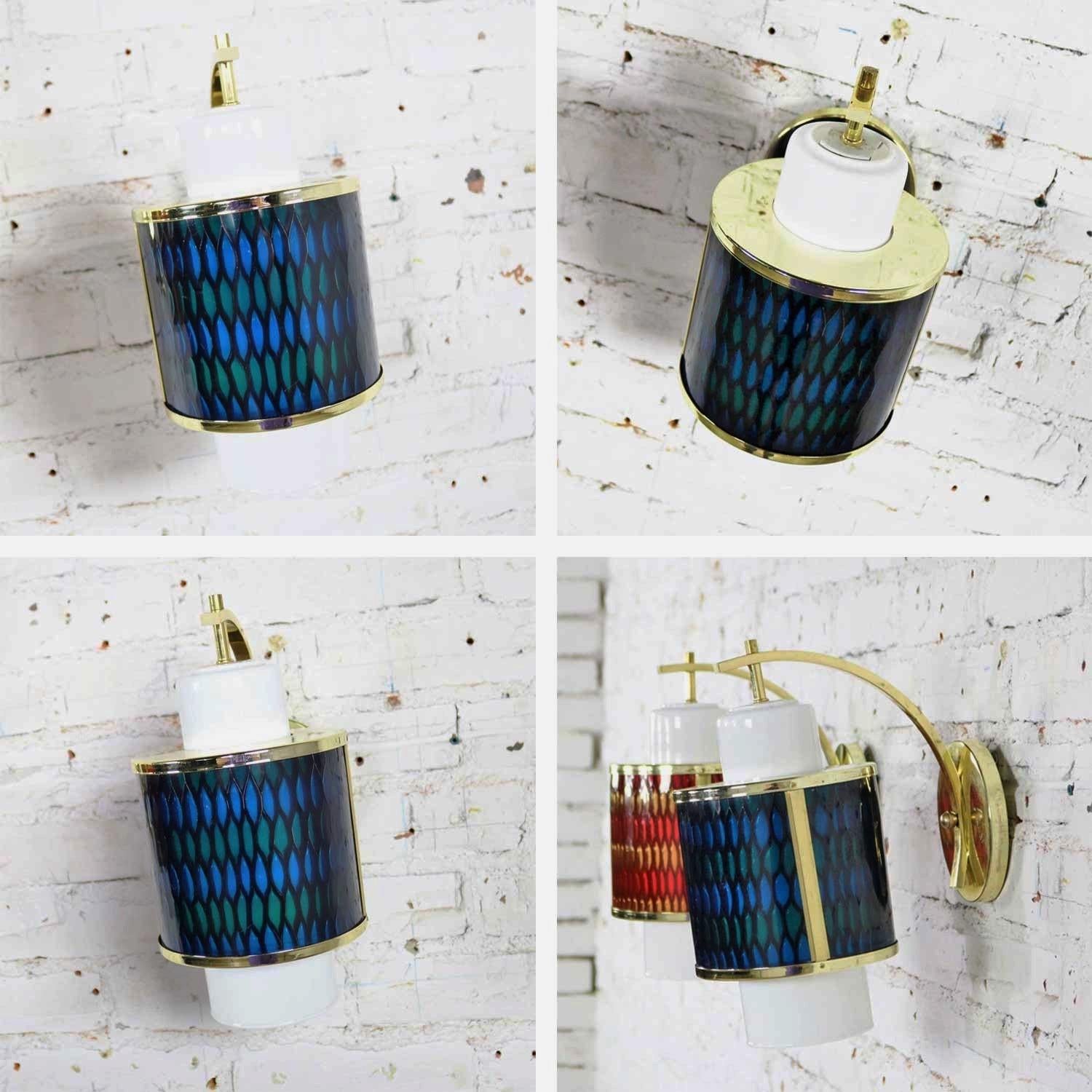 Pair Moe Lighting Honeycomb Wall Sconces in Emerald Blue & Tangerine Gold 2