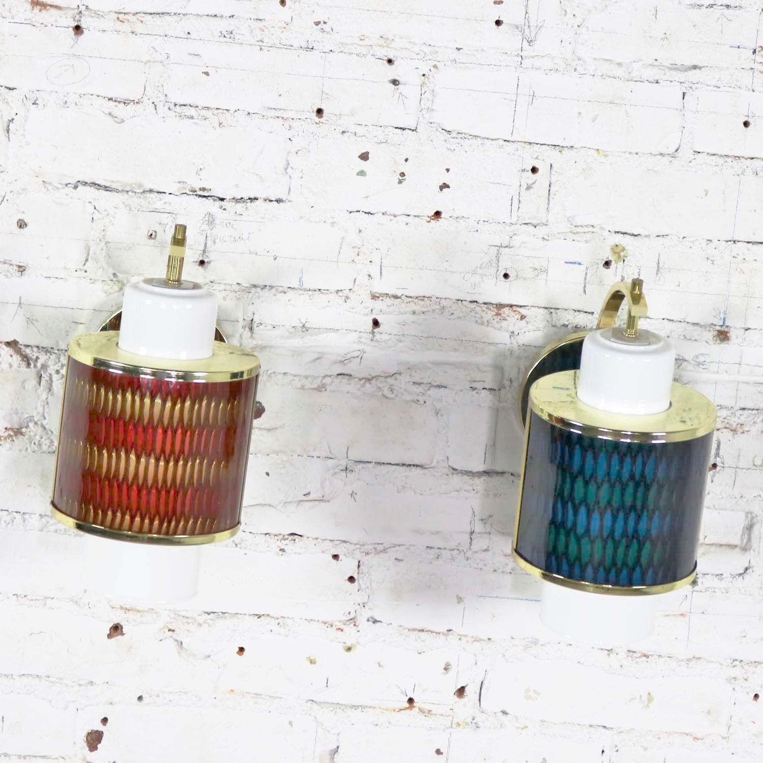 Plated Pair Moe Lighting Honeycomb Wall Sconces in Emerald Blue & Tangerine Gold