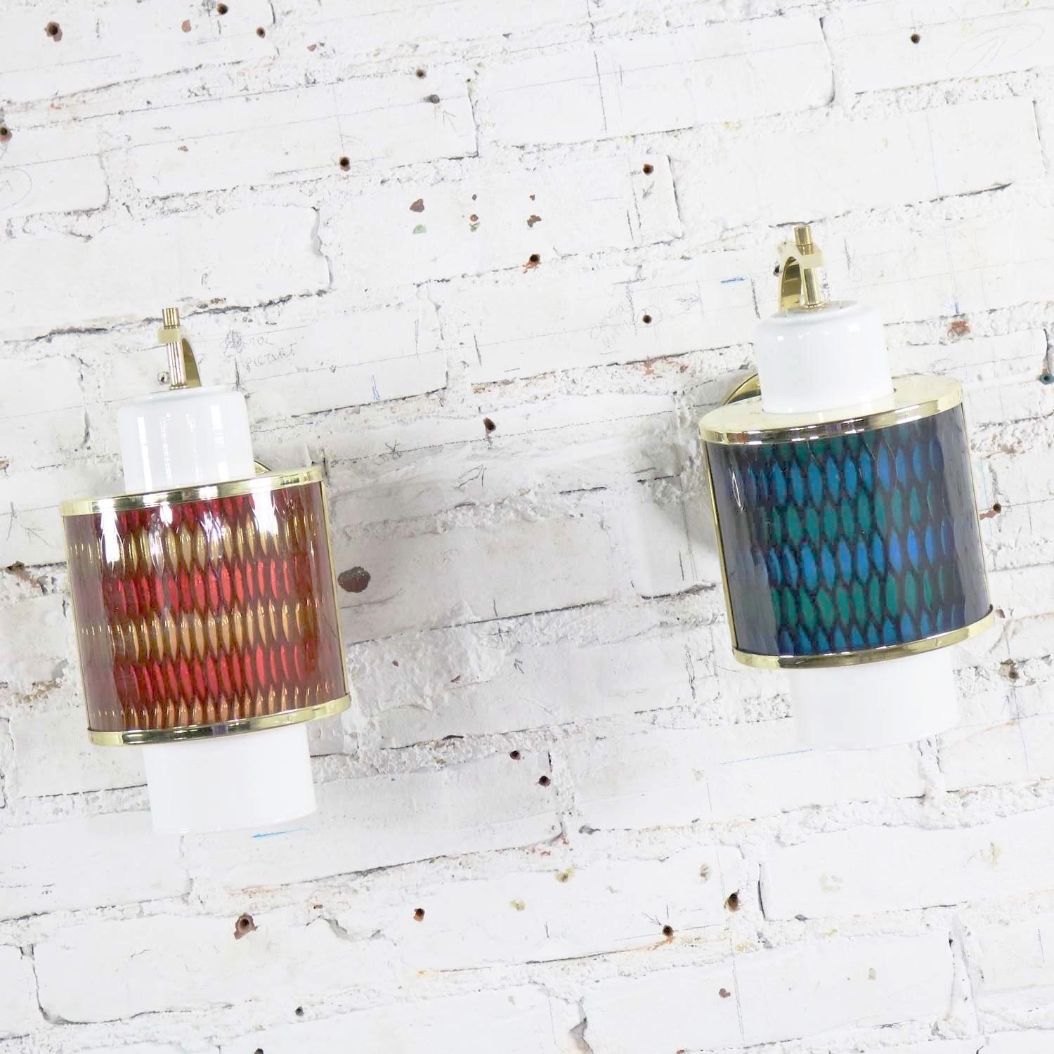 20th Century Pair Moe Lighting Honeycomb Wall Sconces in Emerald Blue & Tangerine Gold