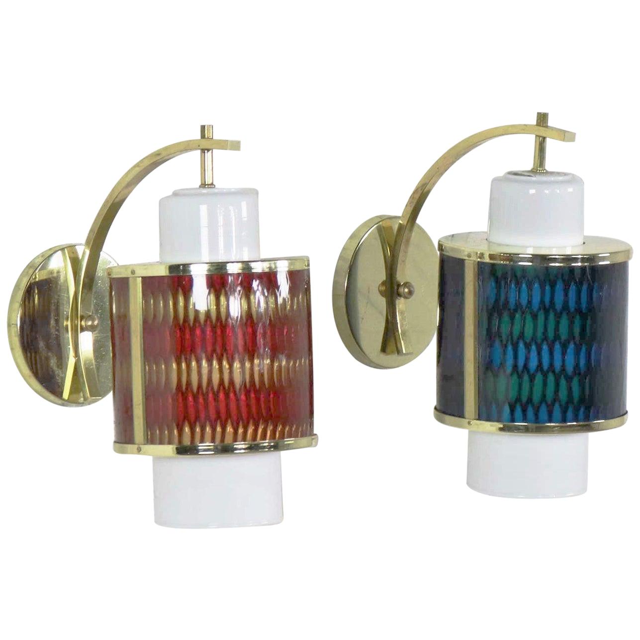 Pair Moe Lighting Honeycomb Wall Sconces in Emerald Blue & Tangerine Gold