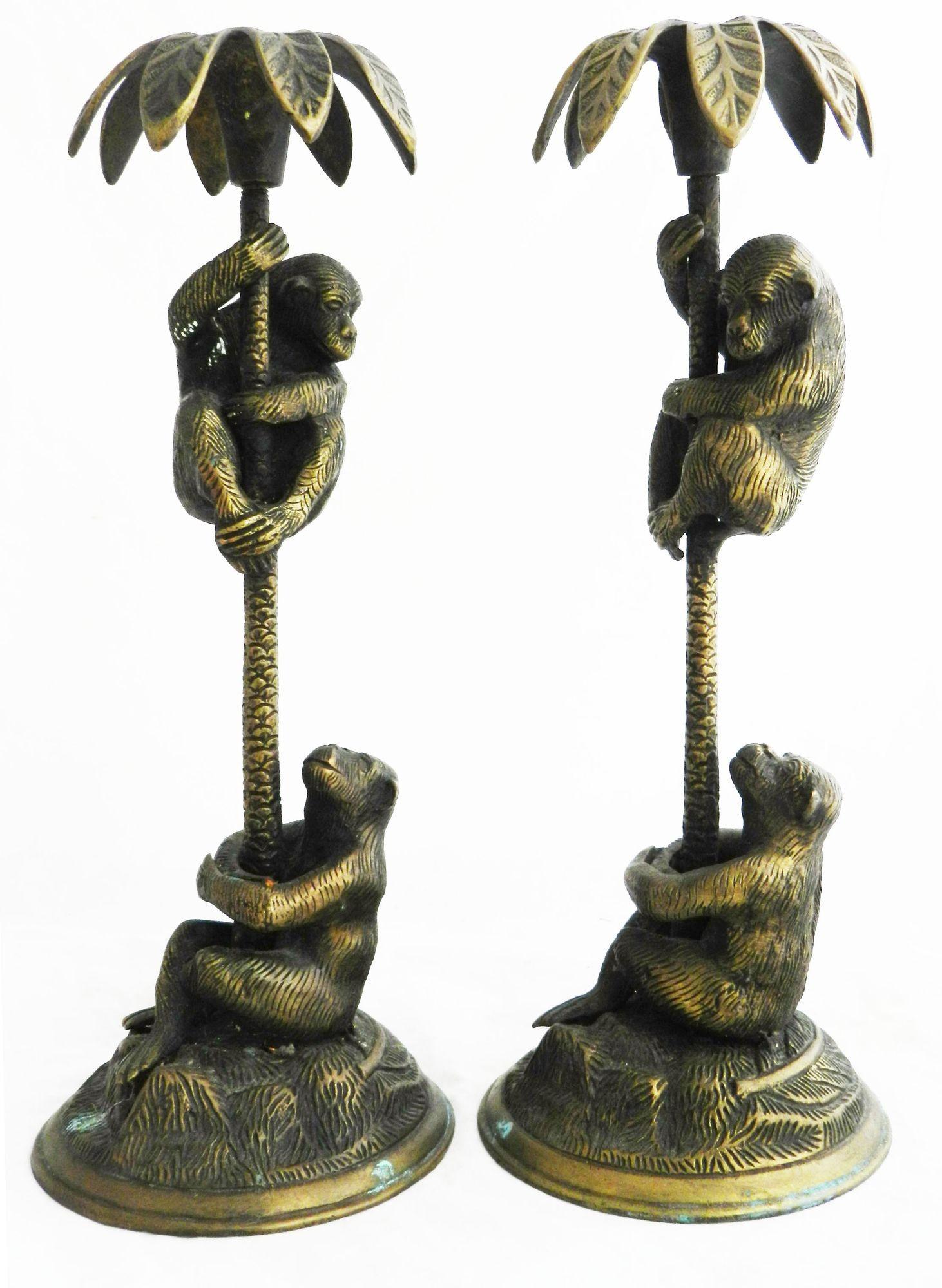 Brass Pair Monkey Candlesticks Lamps Midcentury Lights For Sale