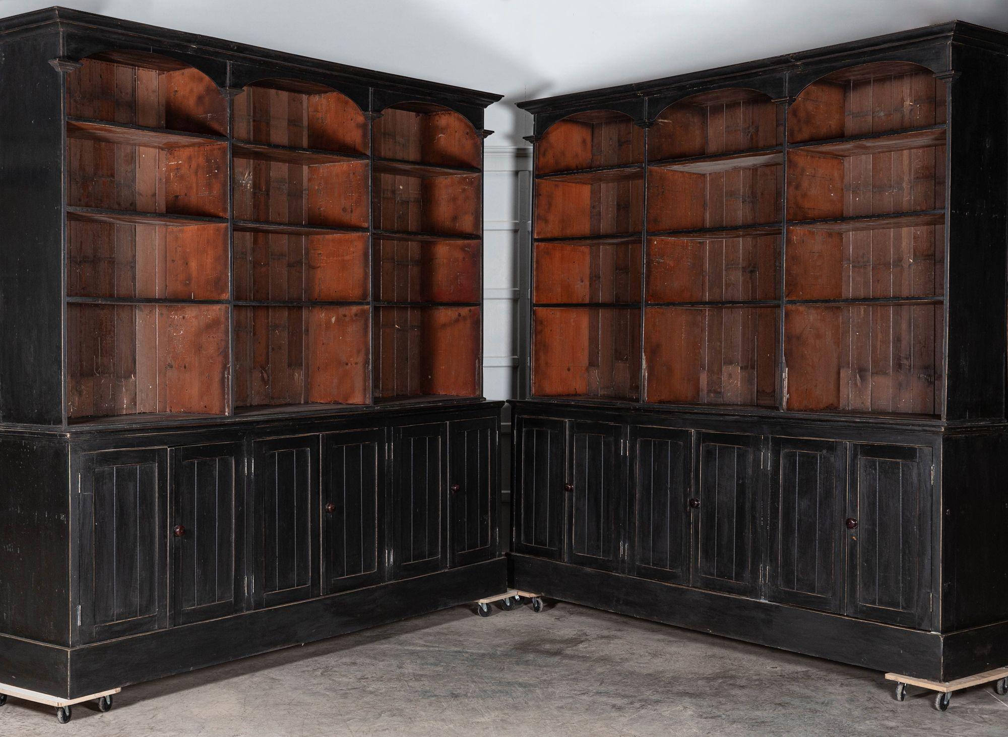 circa 1915
Pair Monumental English Ebonised Bookcase / Display Cabinets
Provenance: Huge original shop fittings from the former Co-operative Society building, Swadlincote, Derbyshire, England, UK.
The former Midland Co-op, in West Street, was built