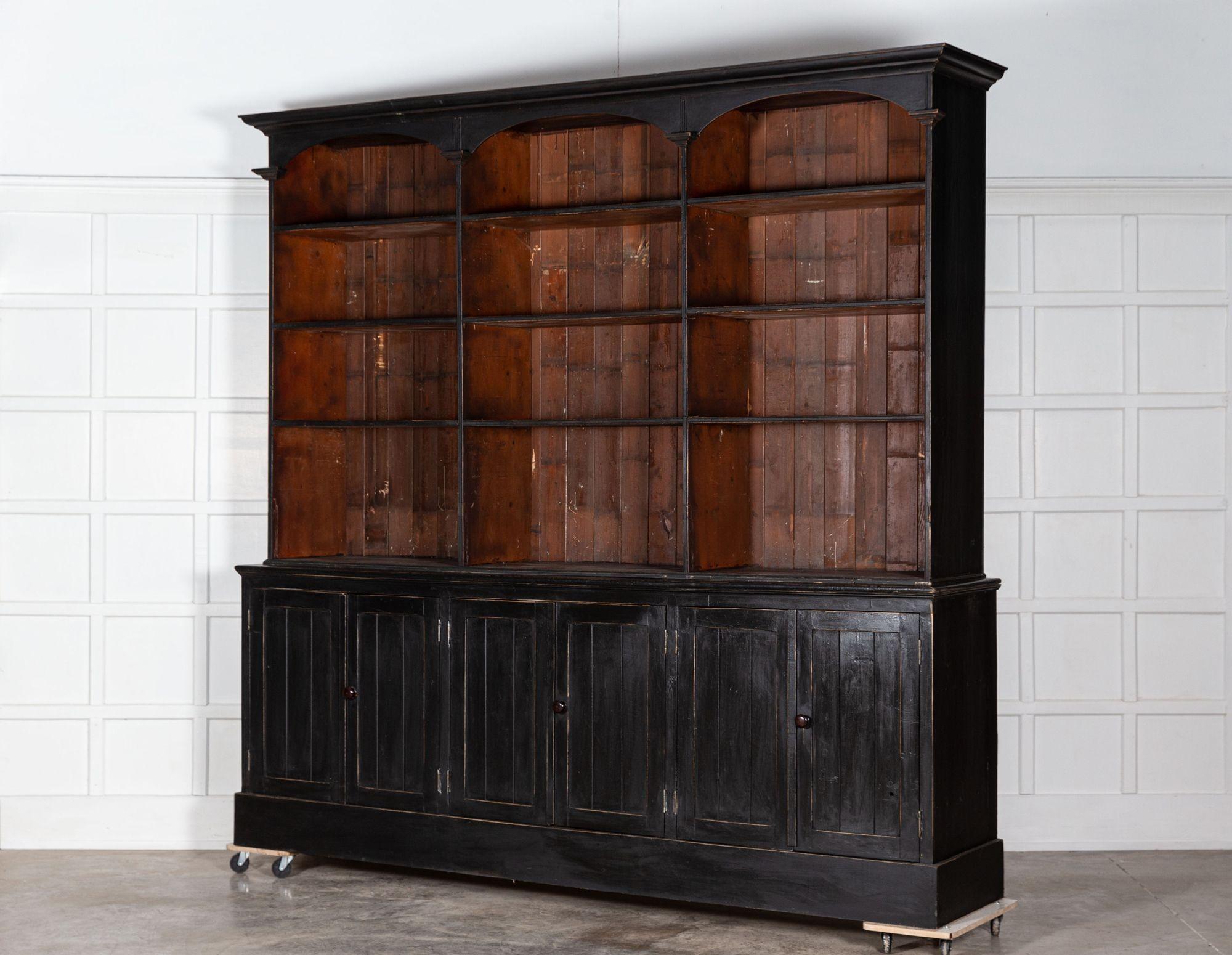 Pine Monumental English Ebonised Bookcase / Display Cabinet For Sale
