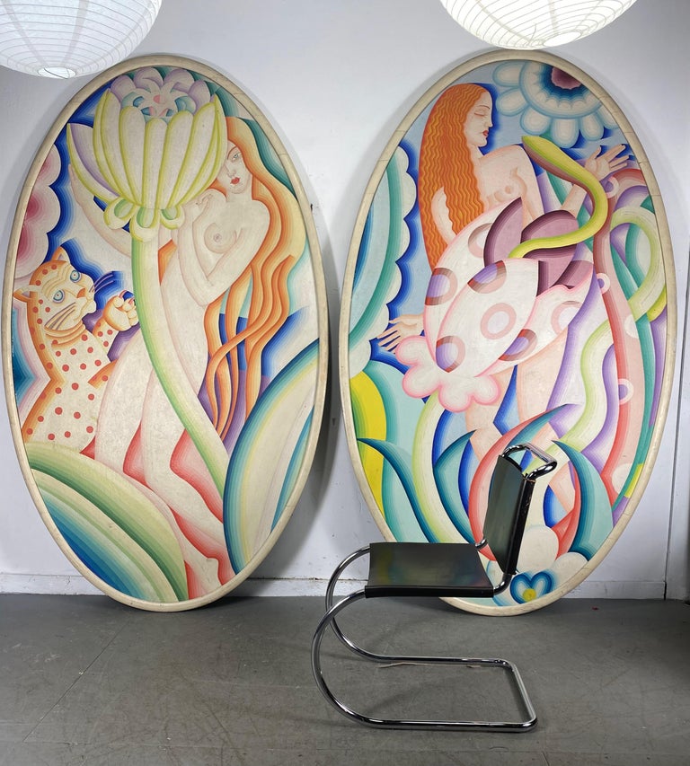 Pair of Monumental Art Deco Paintings, Stylized Woman For Sale 7