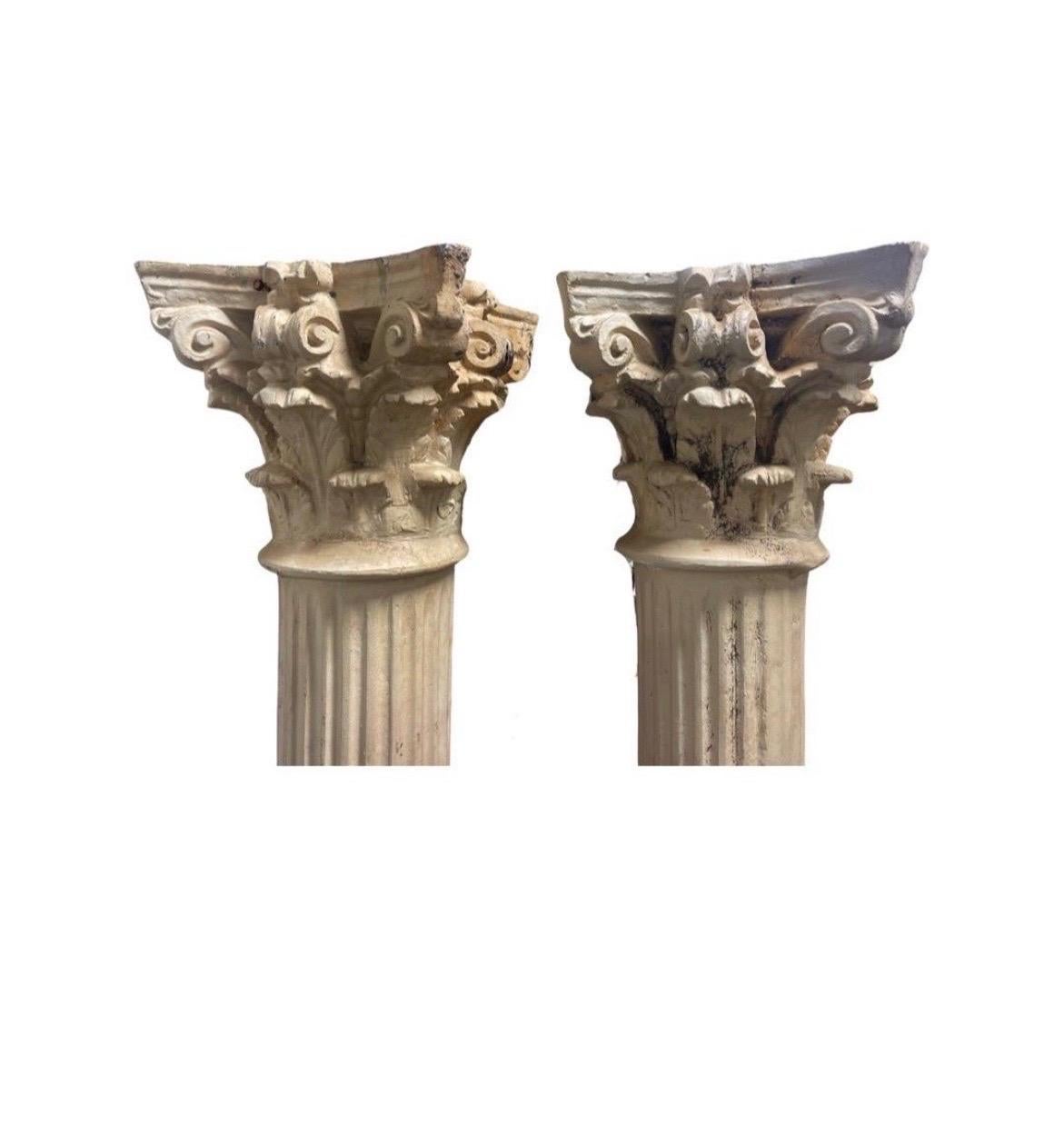 20th Century Pair Monumental Antique Cast Metal Corinthian Column Architectural Supports 8’+