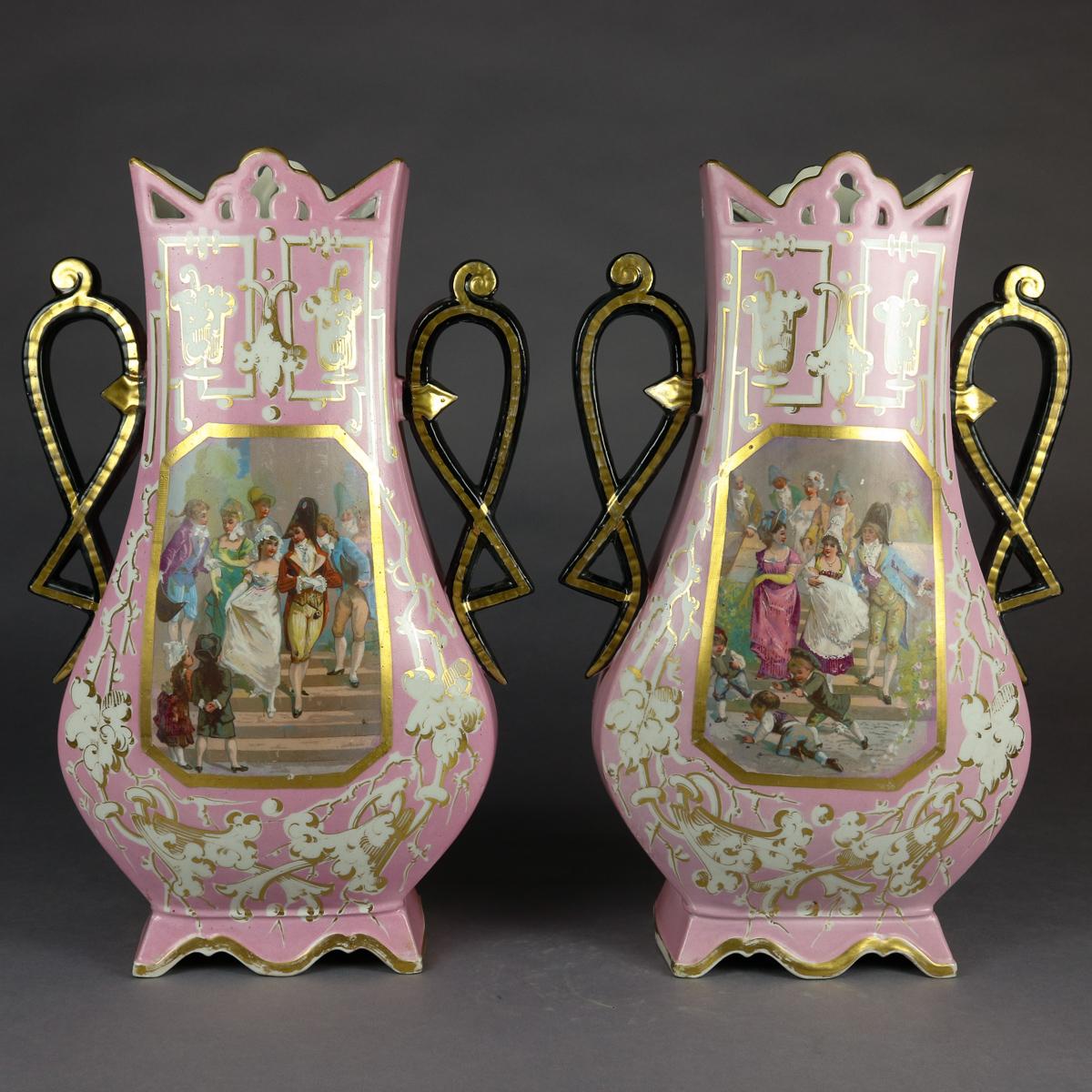 Hand-Painted Pair of Monumental Antique French Figural Porcelain Pictorial Old Paris Vases