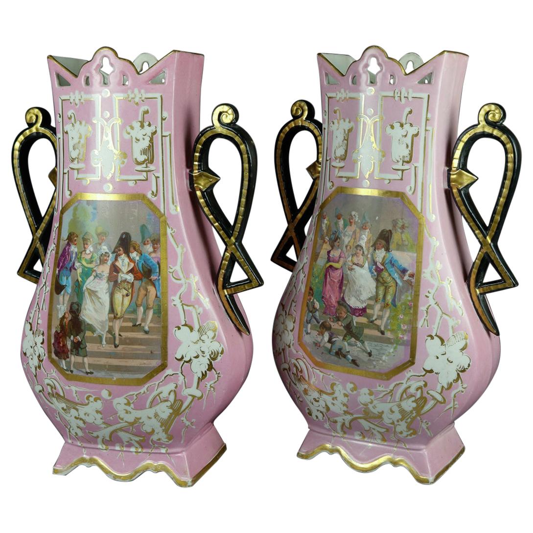 Pair of Monumental Antique French Figural Porcelain Pictorial Old Paris Vases