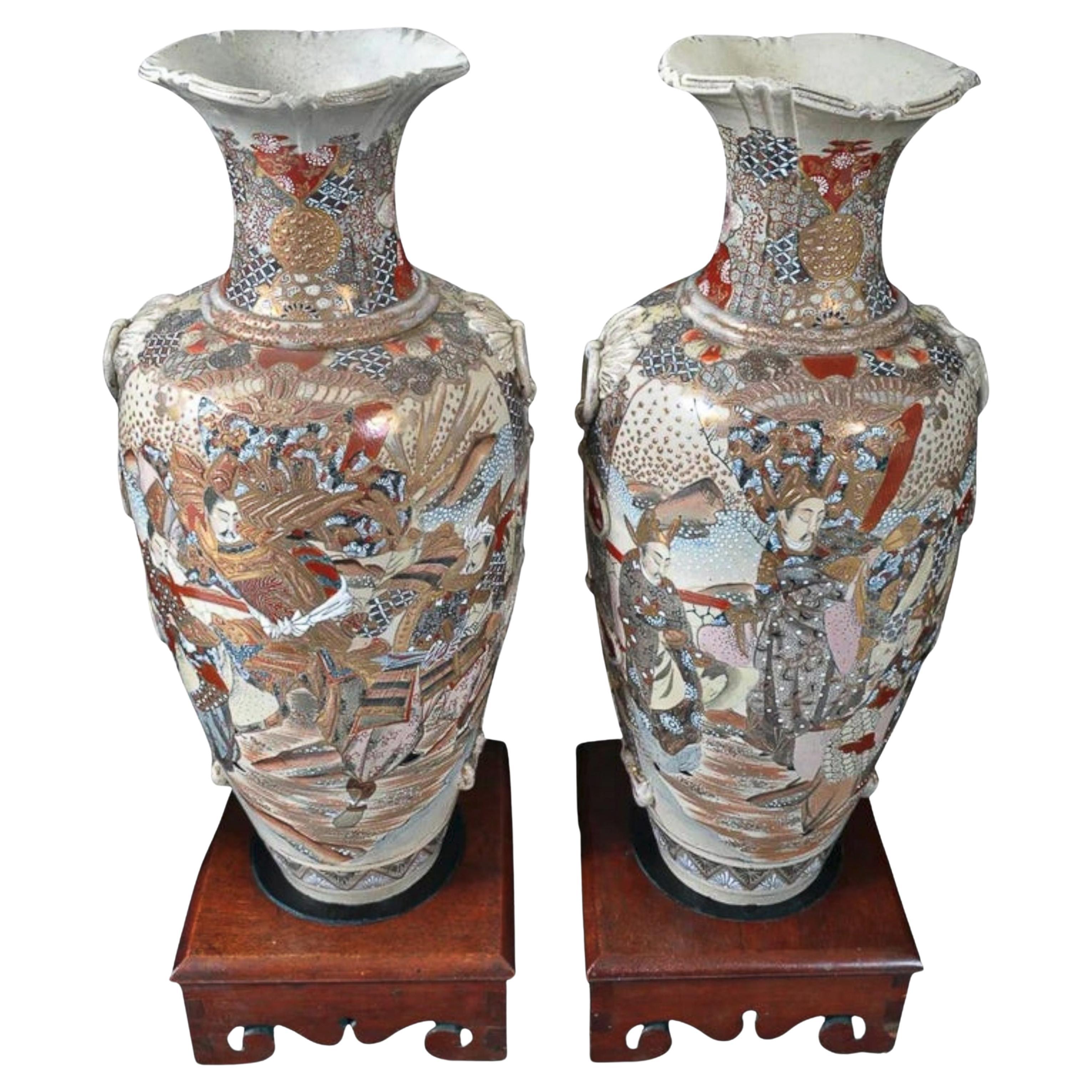 Pair Monumental Antique Meiji Period Japanese Satsuma Pottery Vases Stands 1900
