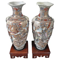Pair Monumental Antique Meiji Period Japanese Satsuma Pottery Vases Stands 1900