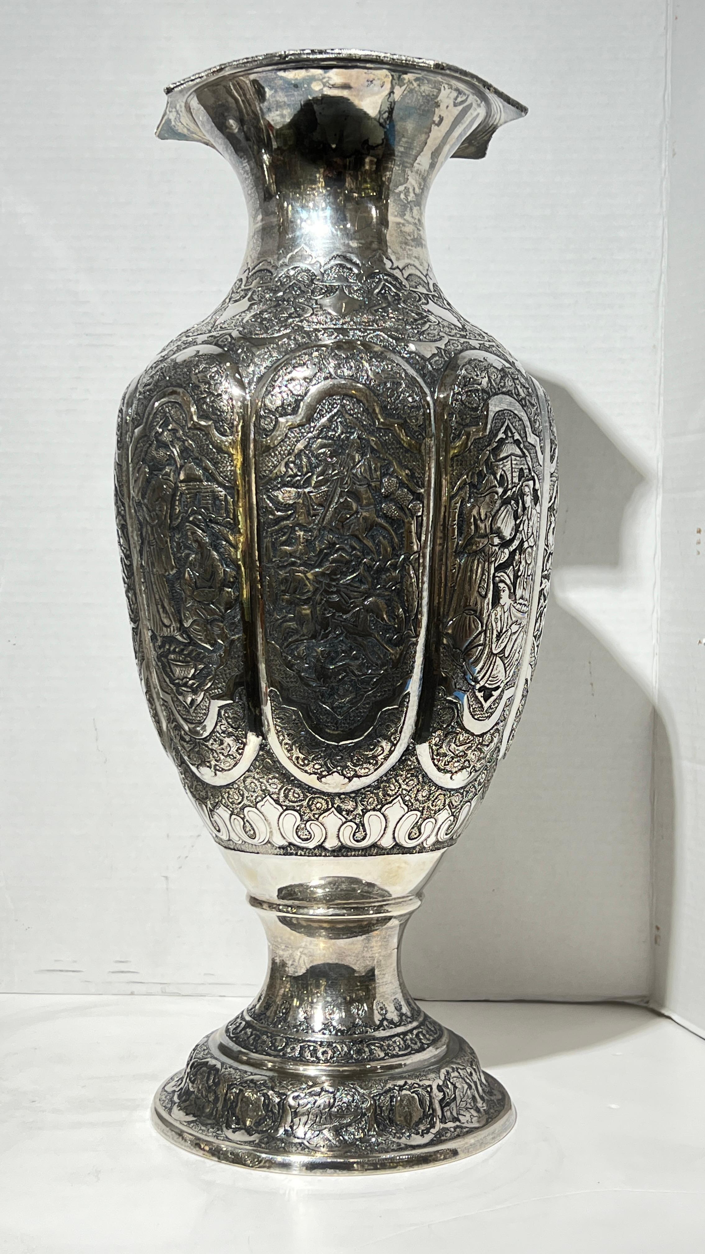 Pair Monumental Antique Persian Repousse Silver Vases For Sale 6
