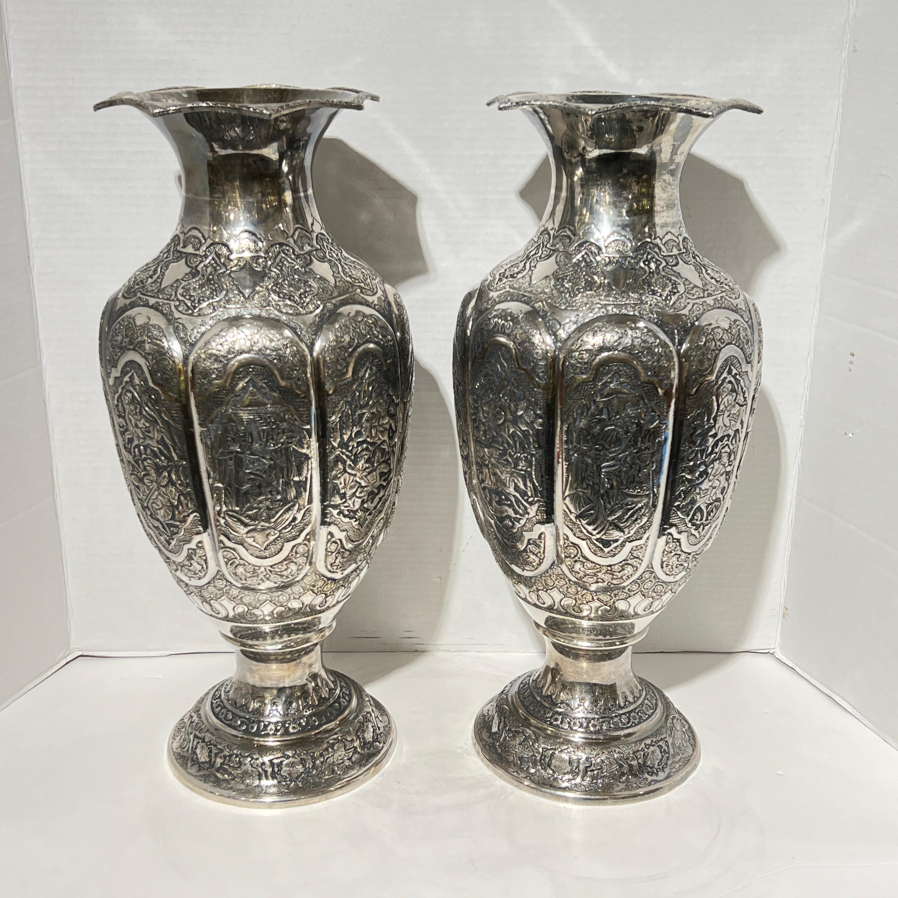 Pair Monumental Antique Persian Repousse Silver Vases For Sale 7