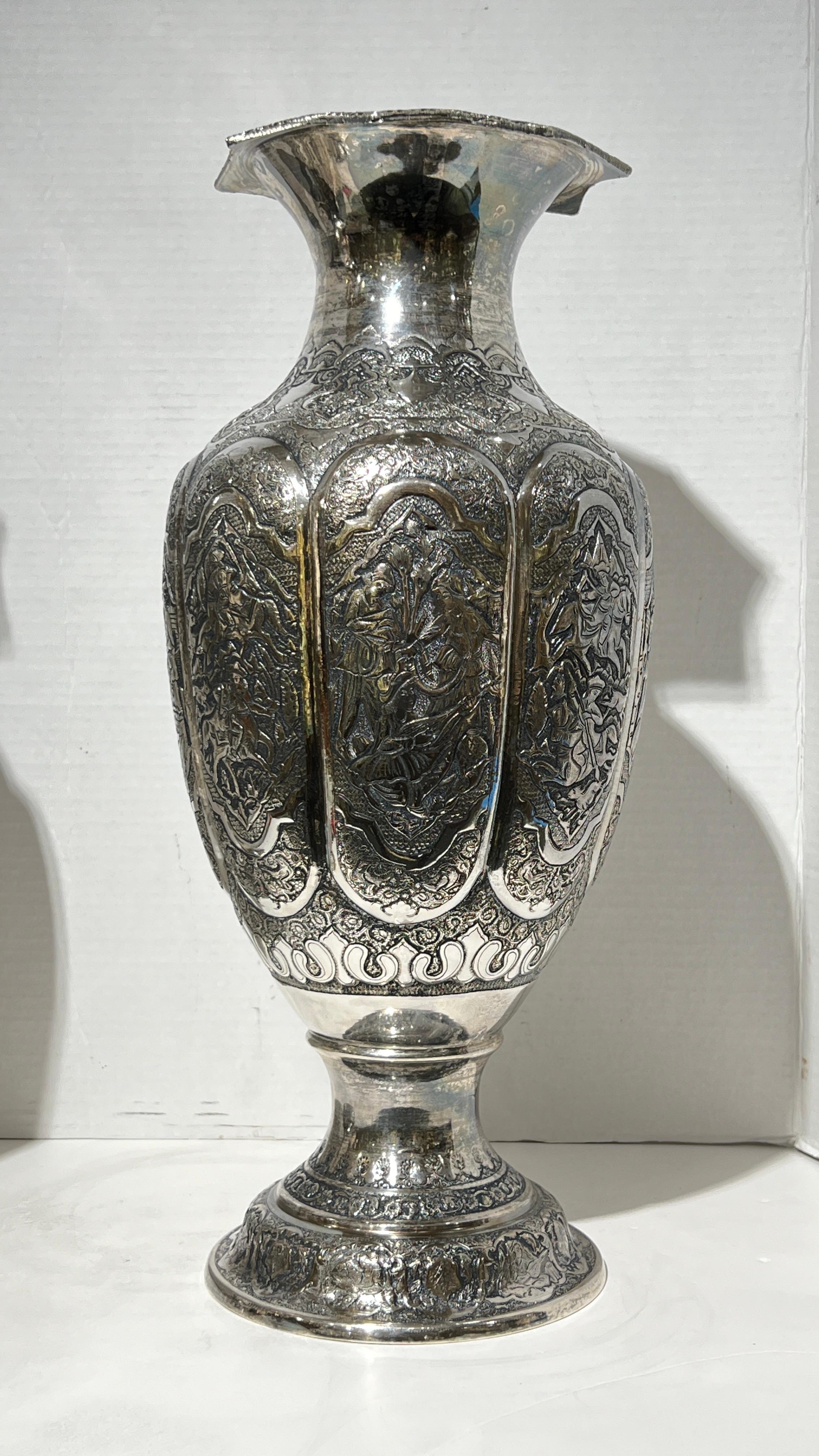 Pair Monumental Antique Persian Repousse Silver Vases For Sale 8