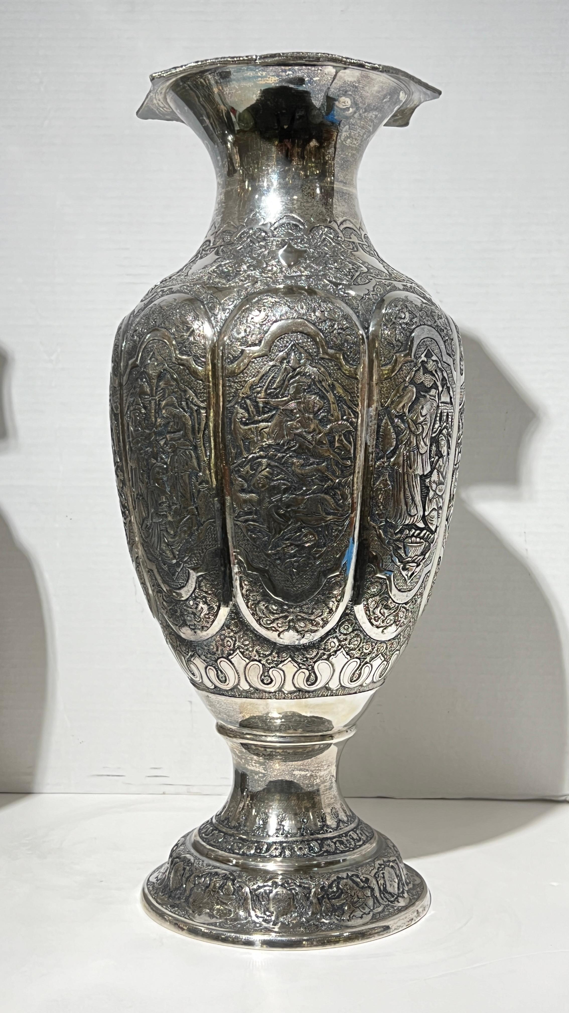 Pair Monumental Antique Persian Repousse Silver Vases For Sale 9