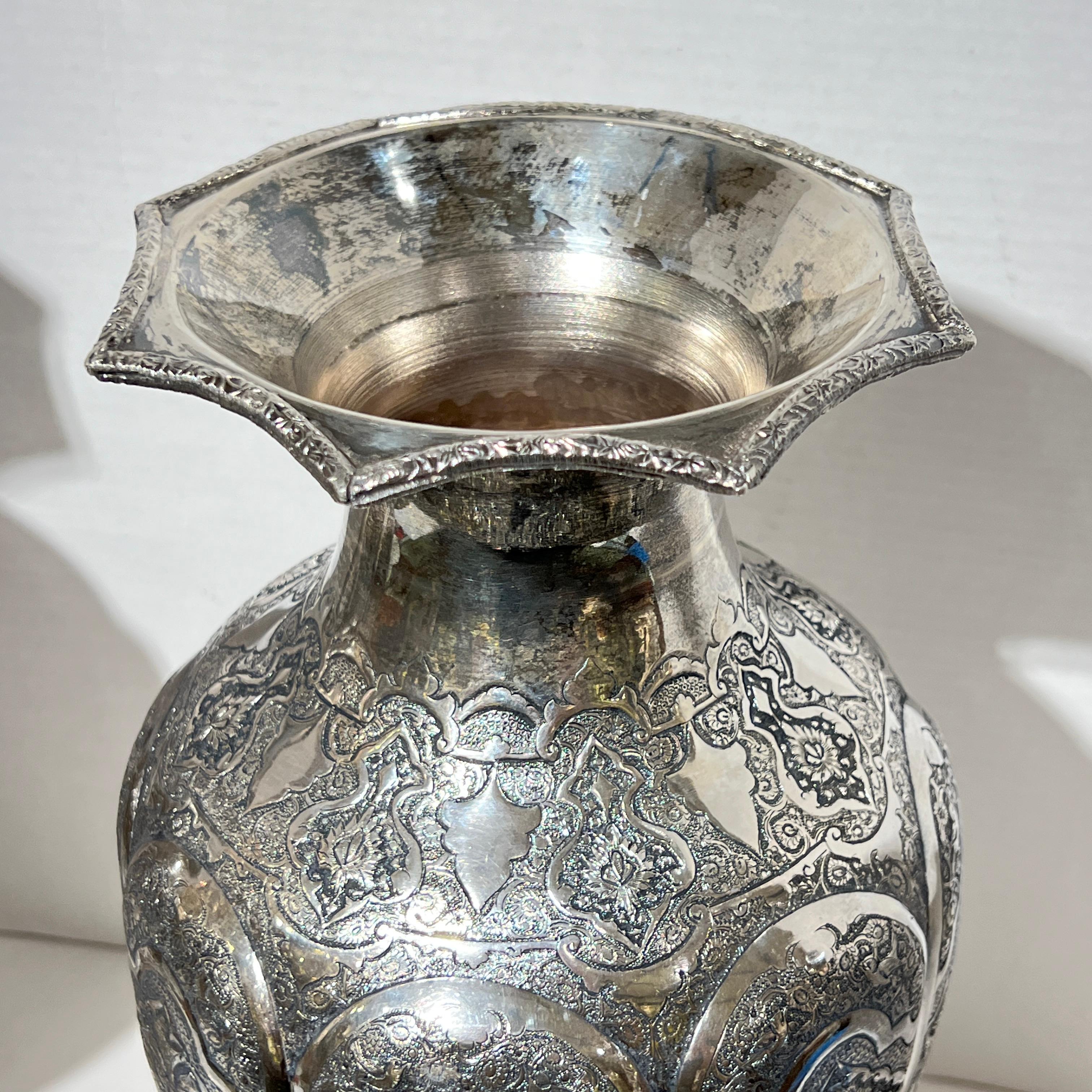 Pair Monumental Antique Persian Repousse Silver Vases For Sale 10