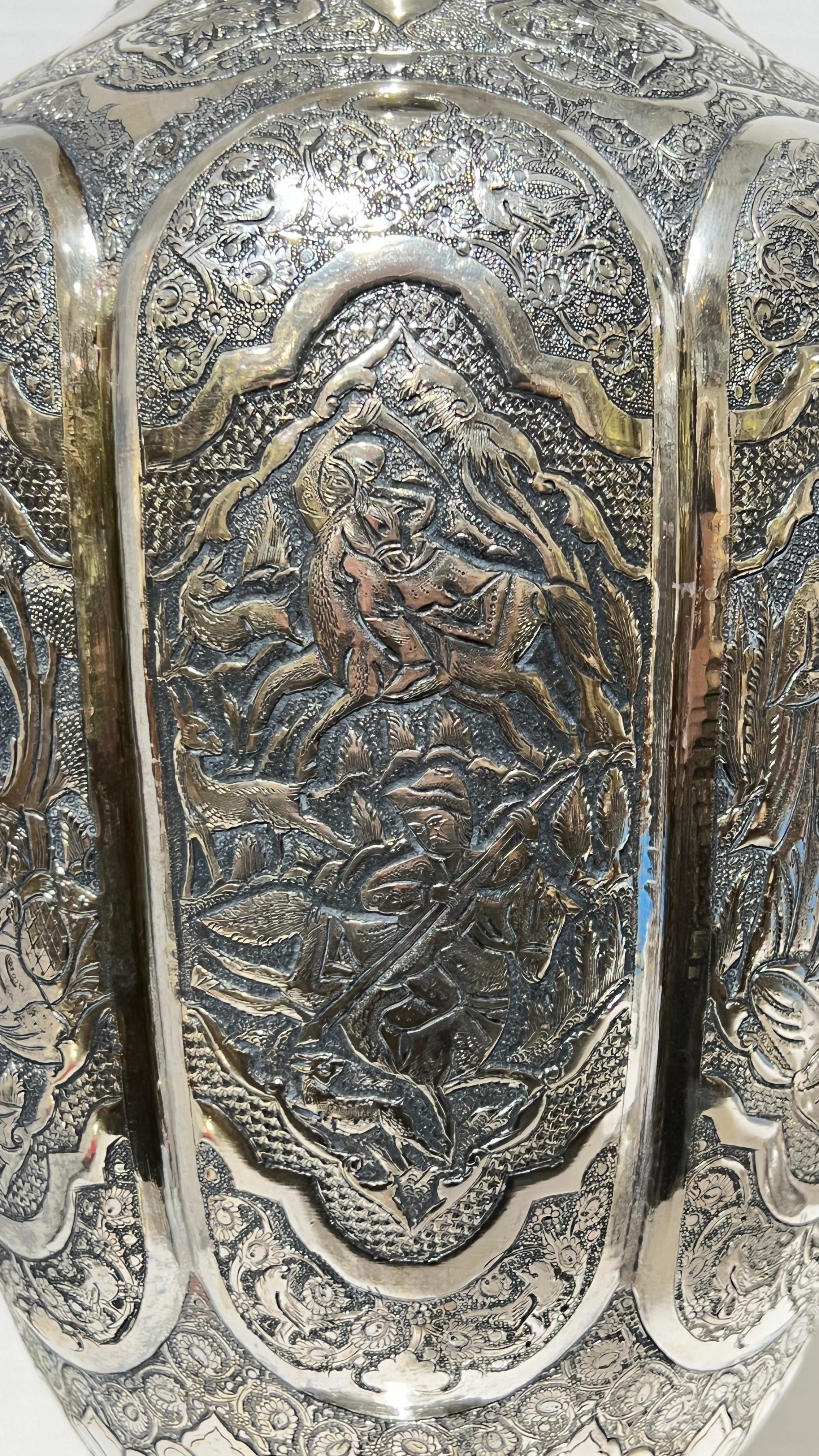 Pair Monumental Antique Persian Repousse Silver Vases For Sale 13