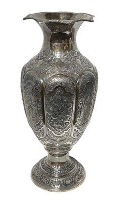Pair Monumental Antique Persian Repousse Silver Vases