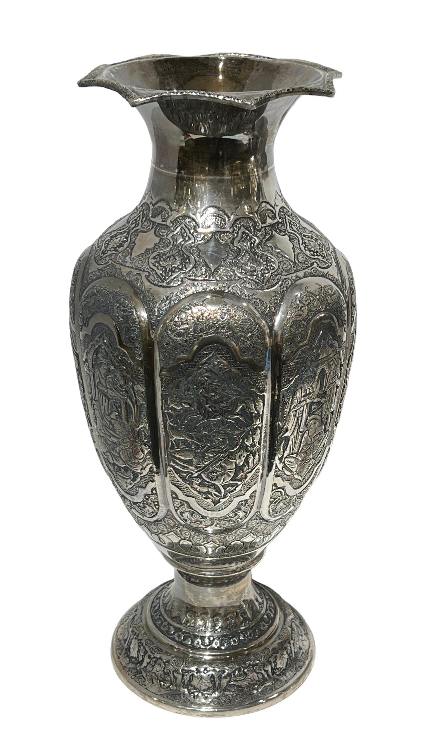 Asian Pair Monumental Antique Persian Repousse Silver Vases For Sale