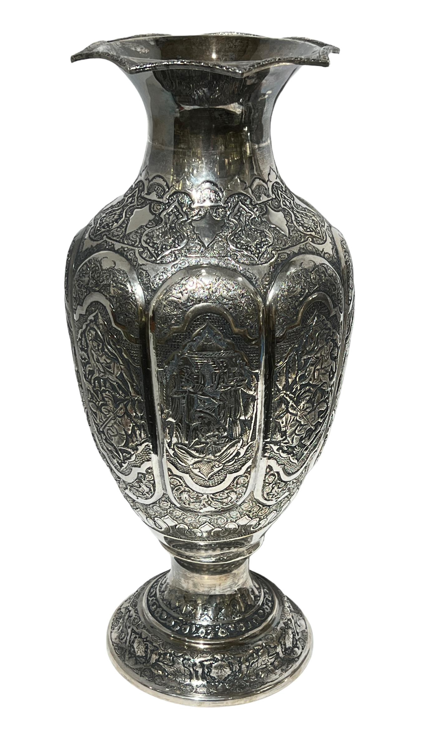 Pair Monumental Antique Persian Repousse Silver Vases In Good Condition For Sale In New York, NY