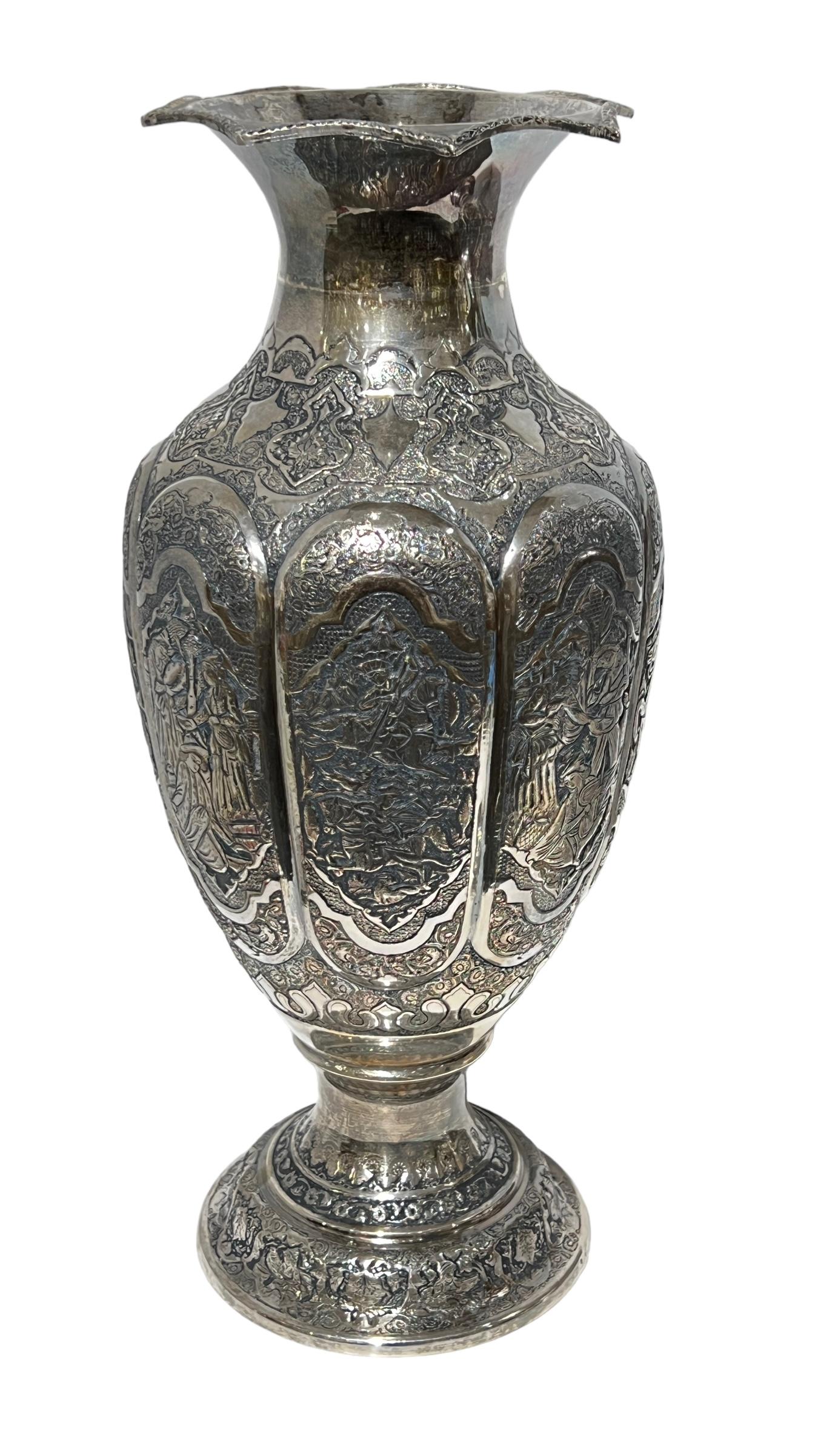 20th Century Pair Monumental Antique Persian Repousse Silver Vases For Sale