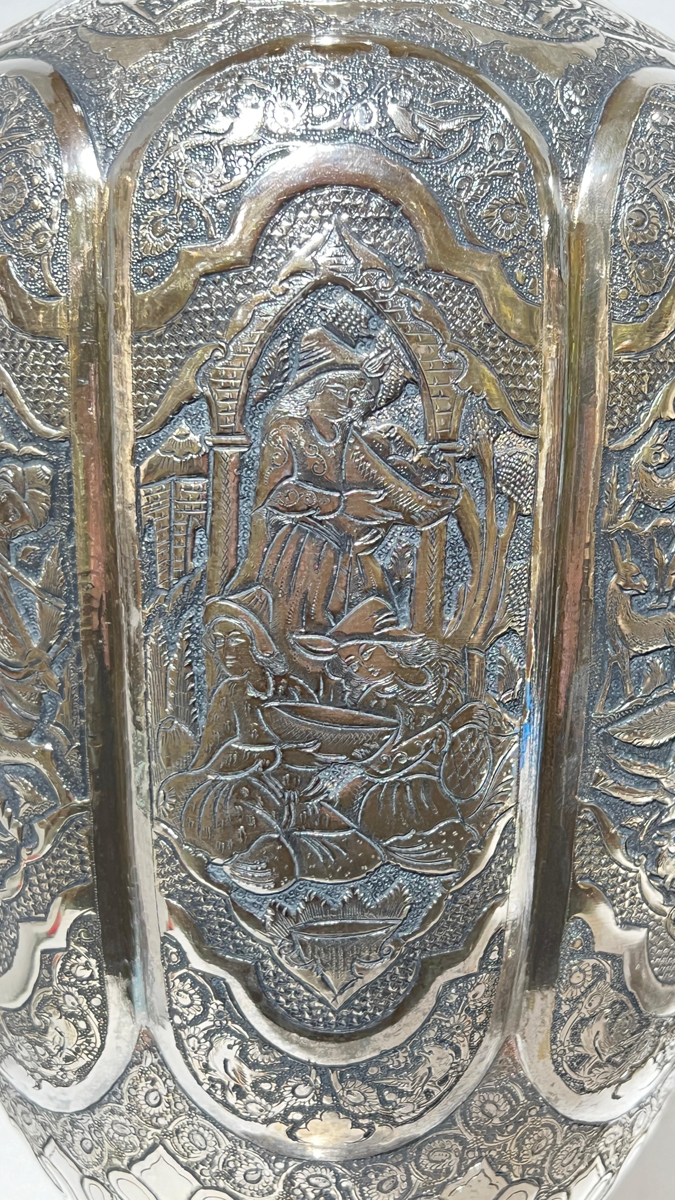 Pair Monumental Antique Persian Repousse Silver Vases For Sale 1
