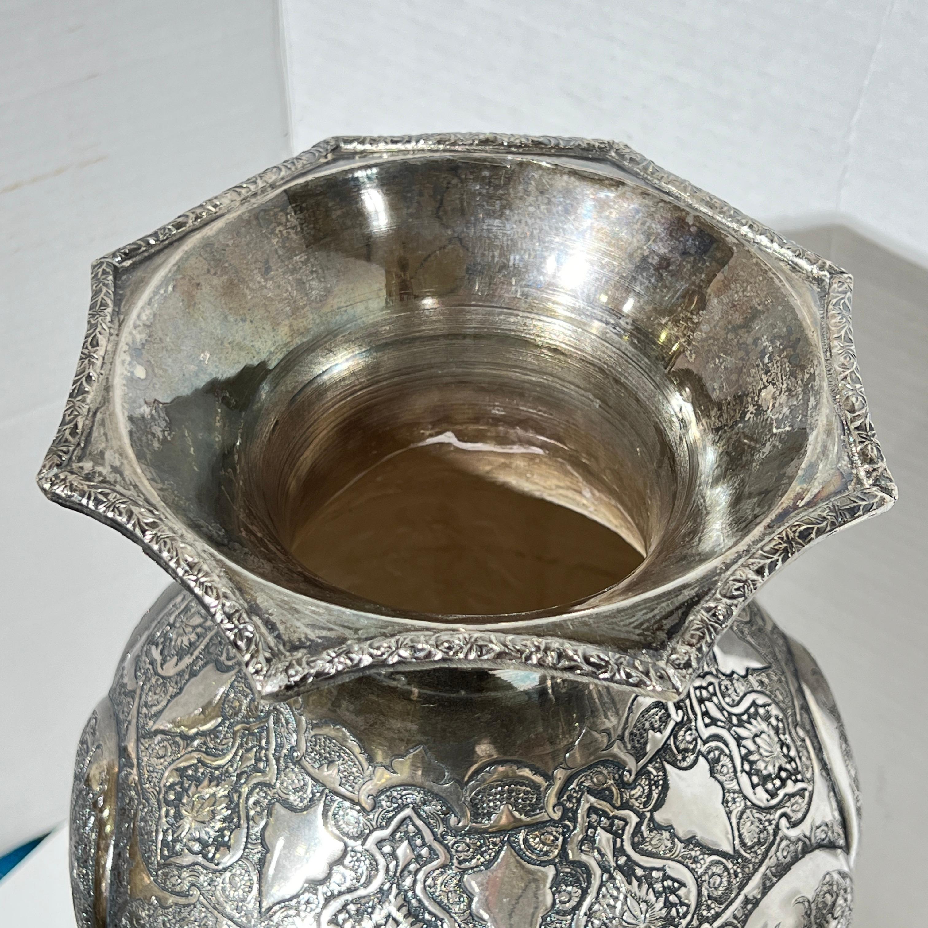 Pair Monumental Antique Persian Repousse Silver Vases For Sale 2