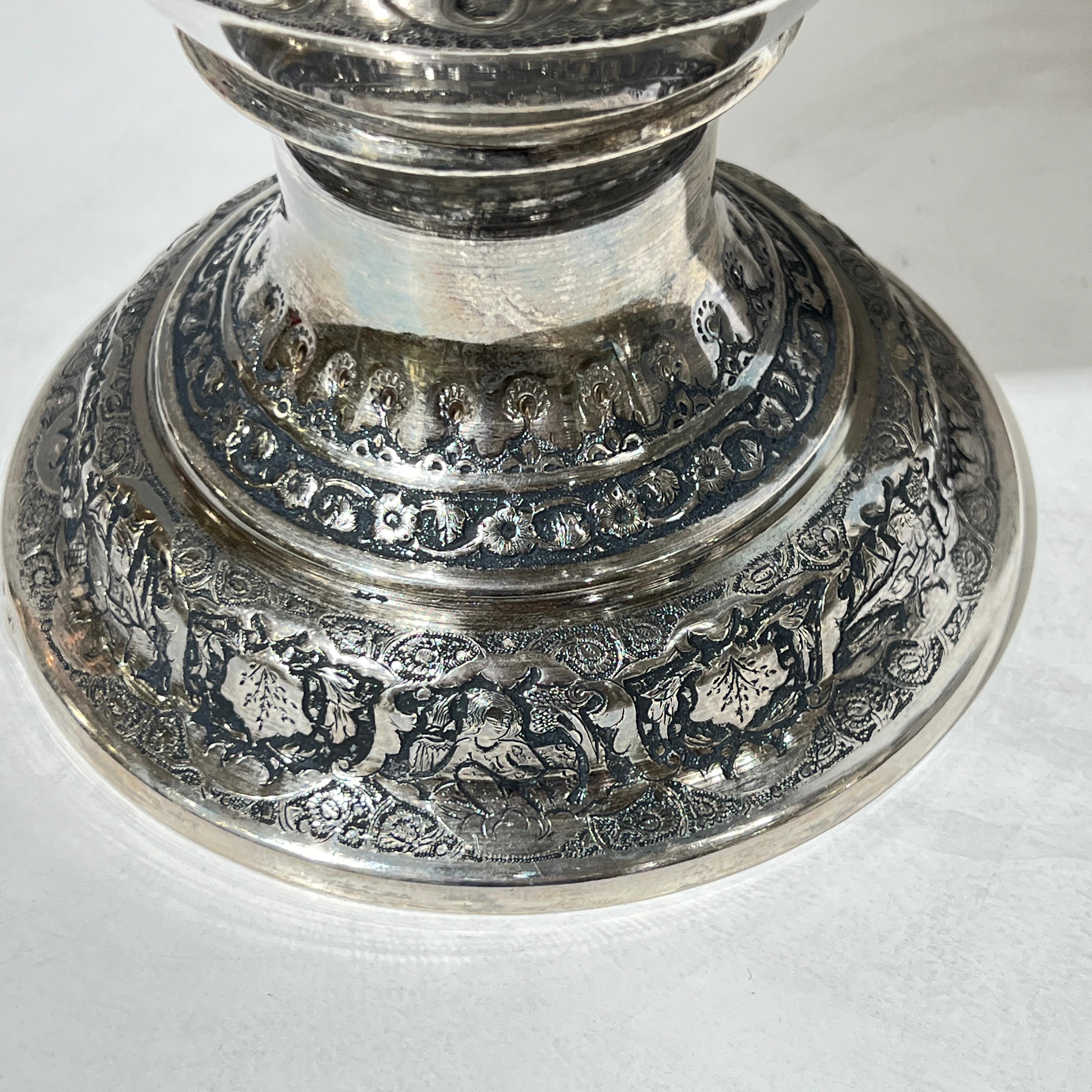 Pair Monumental Antique Persian Repousse Silver Vases For Sale 4