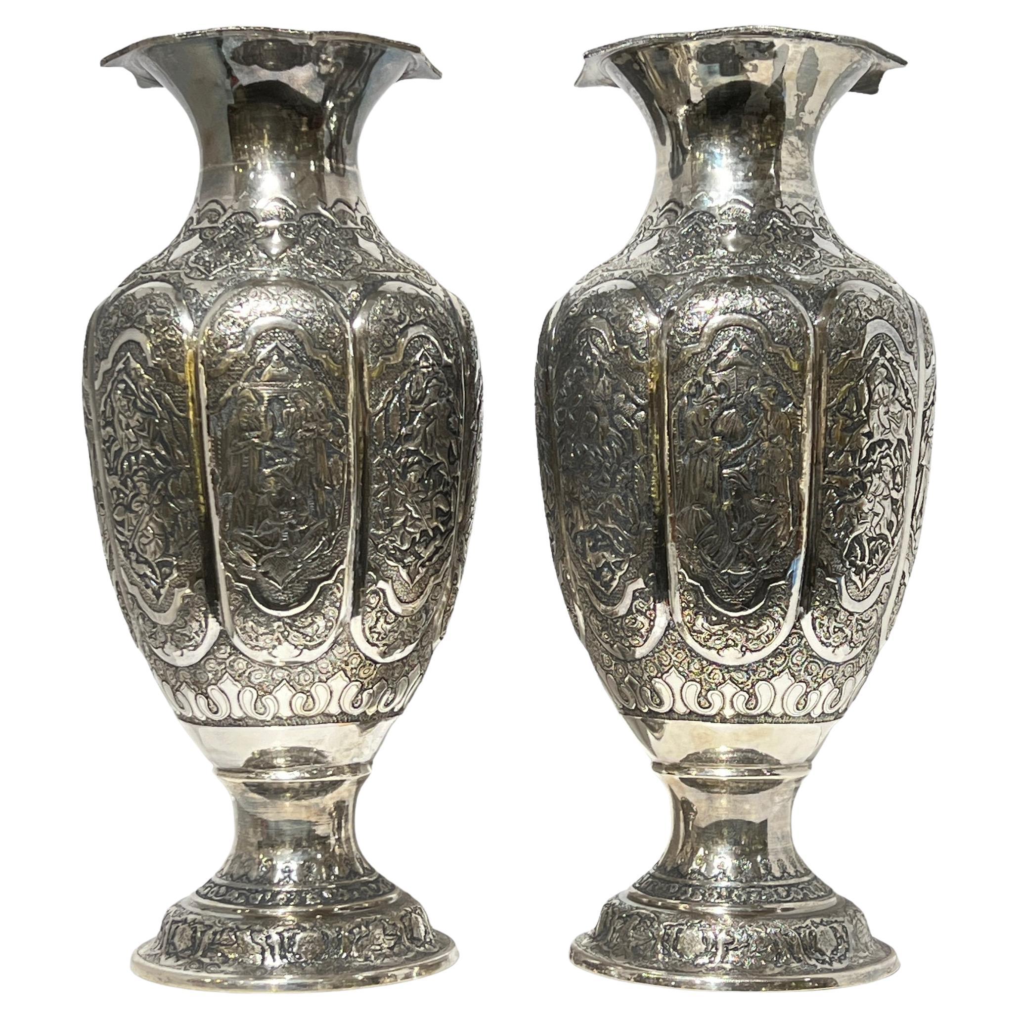 Pair Monumental Antique Persian Repousse Silver Vases For Sale