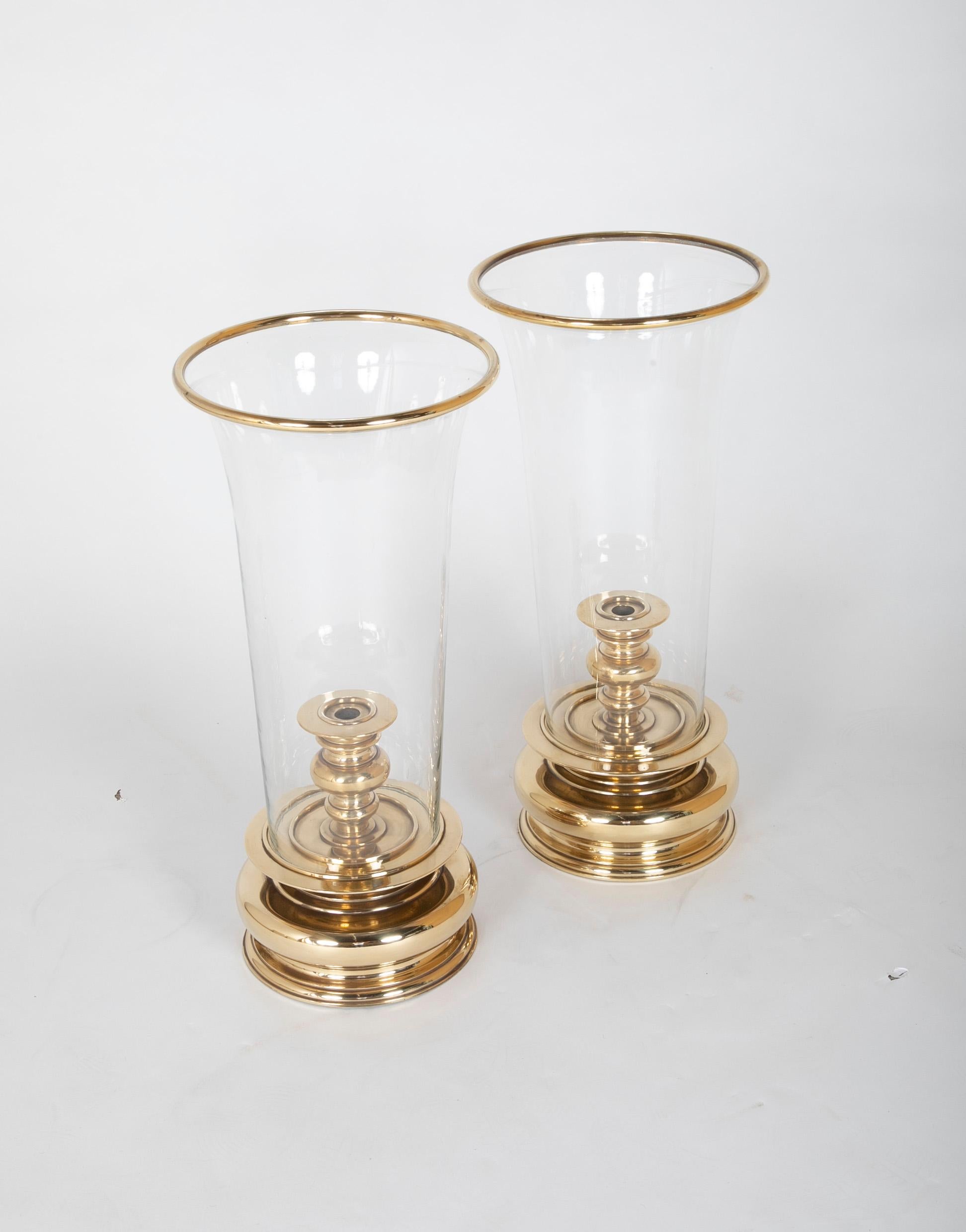 Mid-Century Modern Pair of Monumental Brass Hurricane Lamps by Chapman