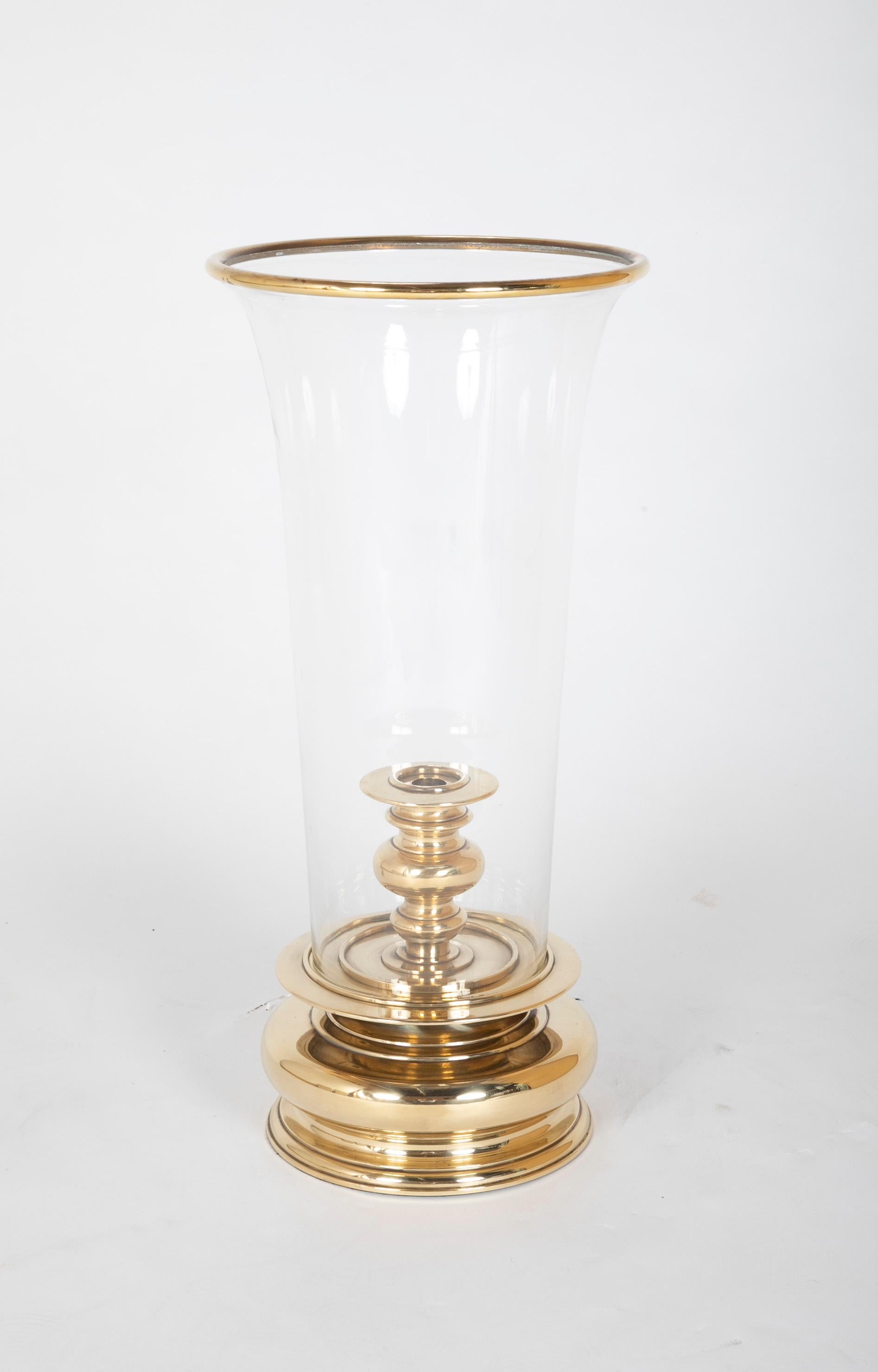 Turned Pair of Monumental Brass Hurricane Lamps by Chapman