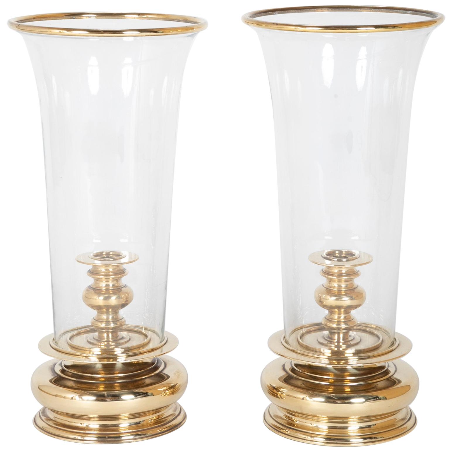 Pair of Monumental Brass Hurricane Lamps by Chapman