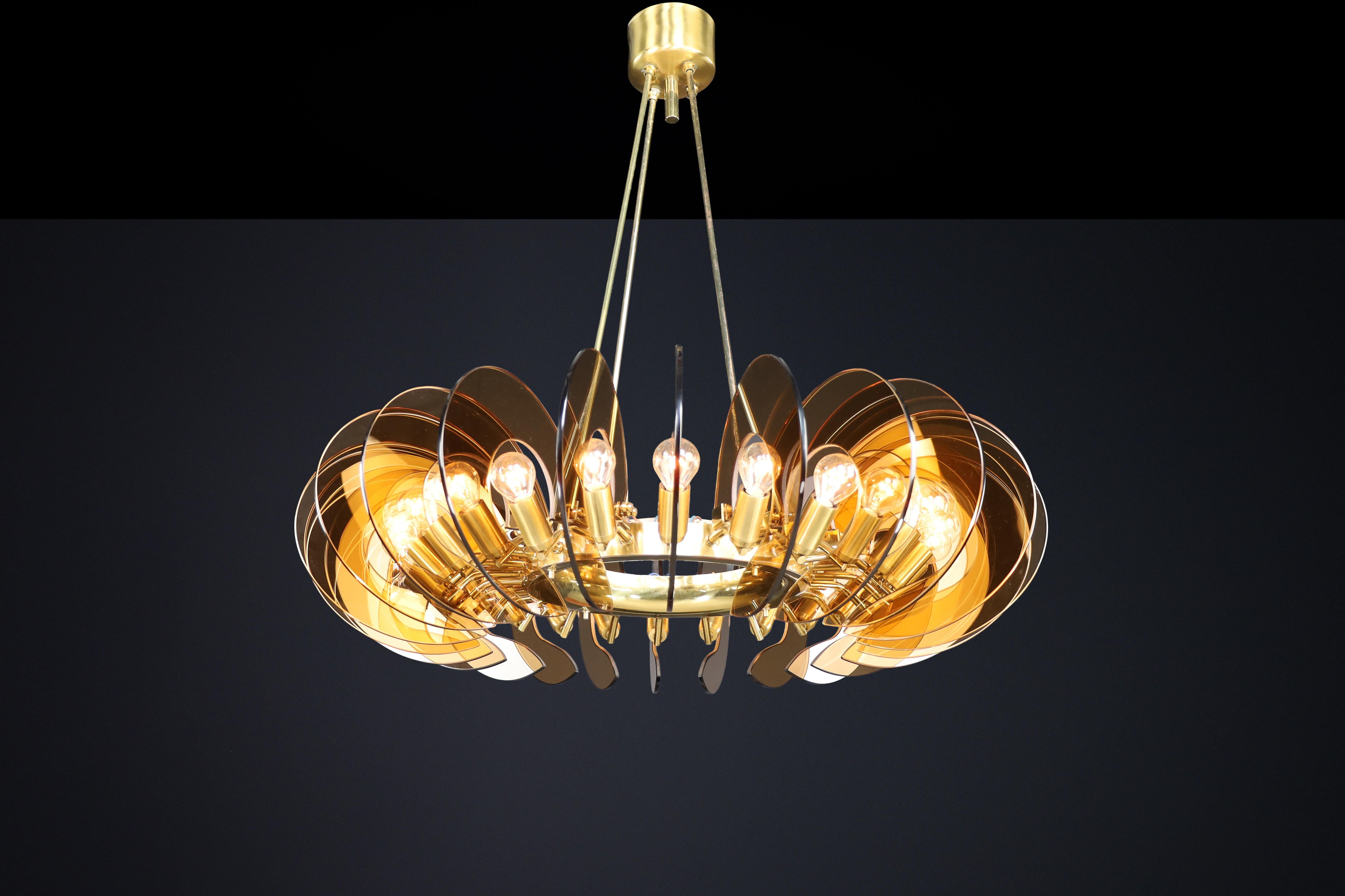 Pair Monumental Brass & Smoked Glass Chandeliers by Gino Paroldo, Italy, 1970s 5