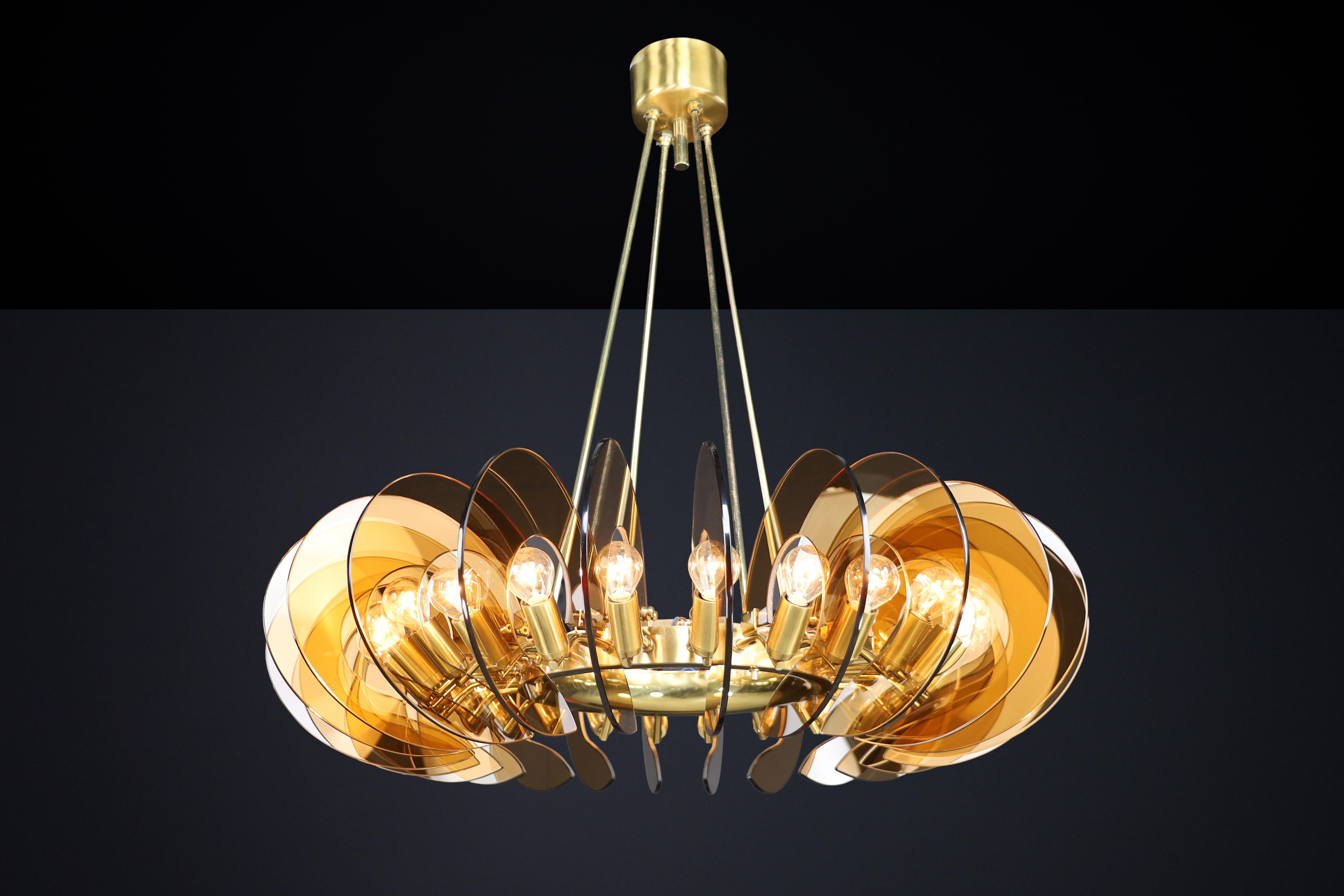 Pair Monumental Brass & Smoked Glass Chandeliers by Gino Paroldo, Italy, 1970s 11