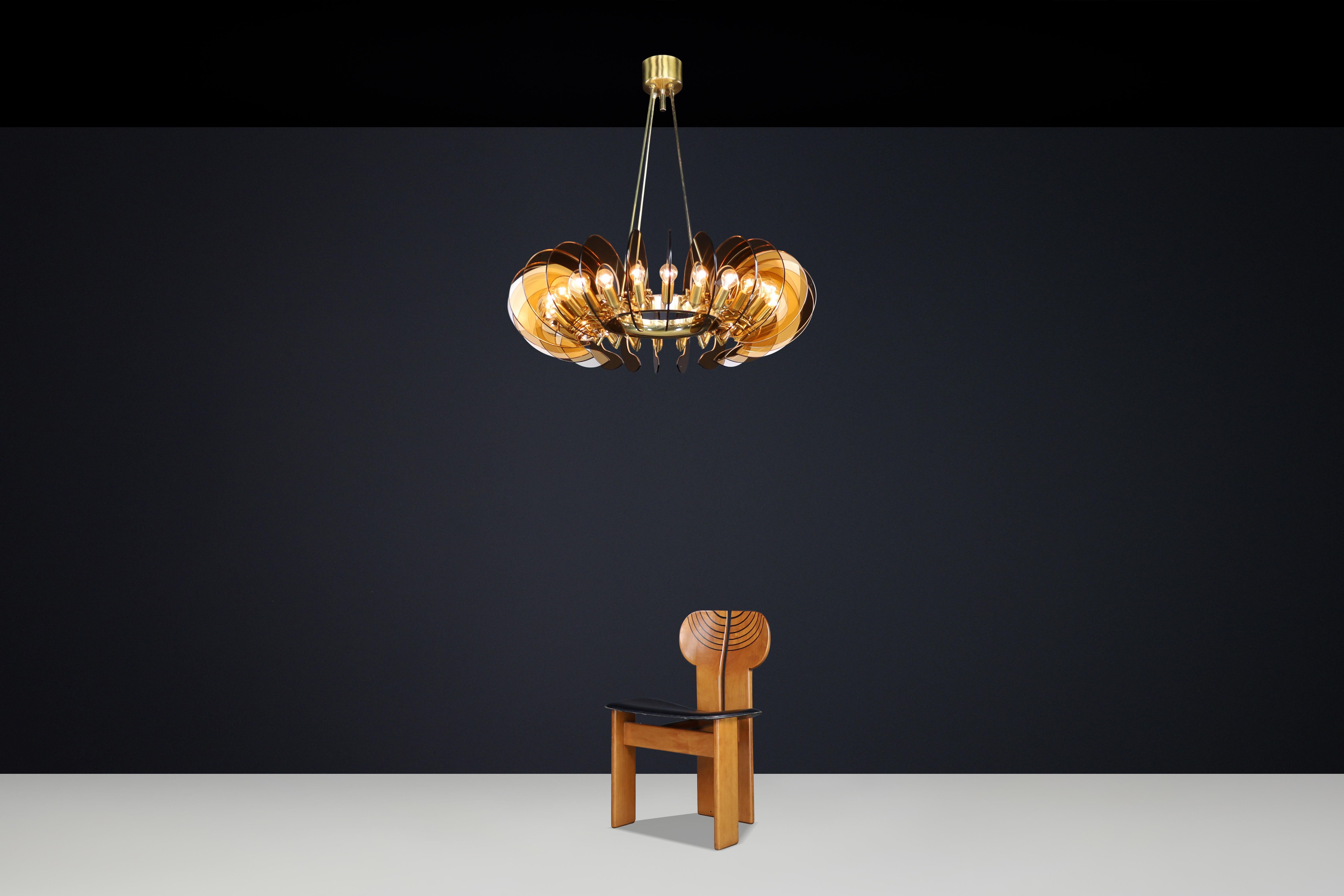 Mid-Century moderno Pair Monumental Brass & Smoked Glass Chandeliers by Gino Paroldo, Italy, 1970s