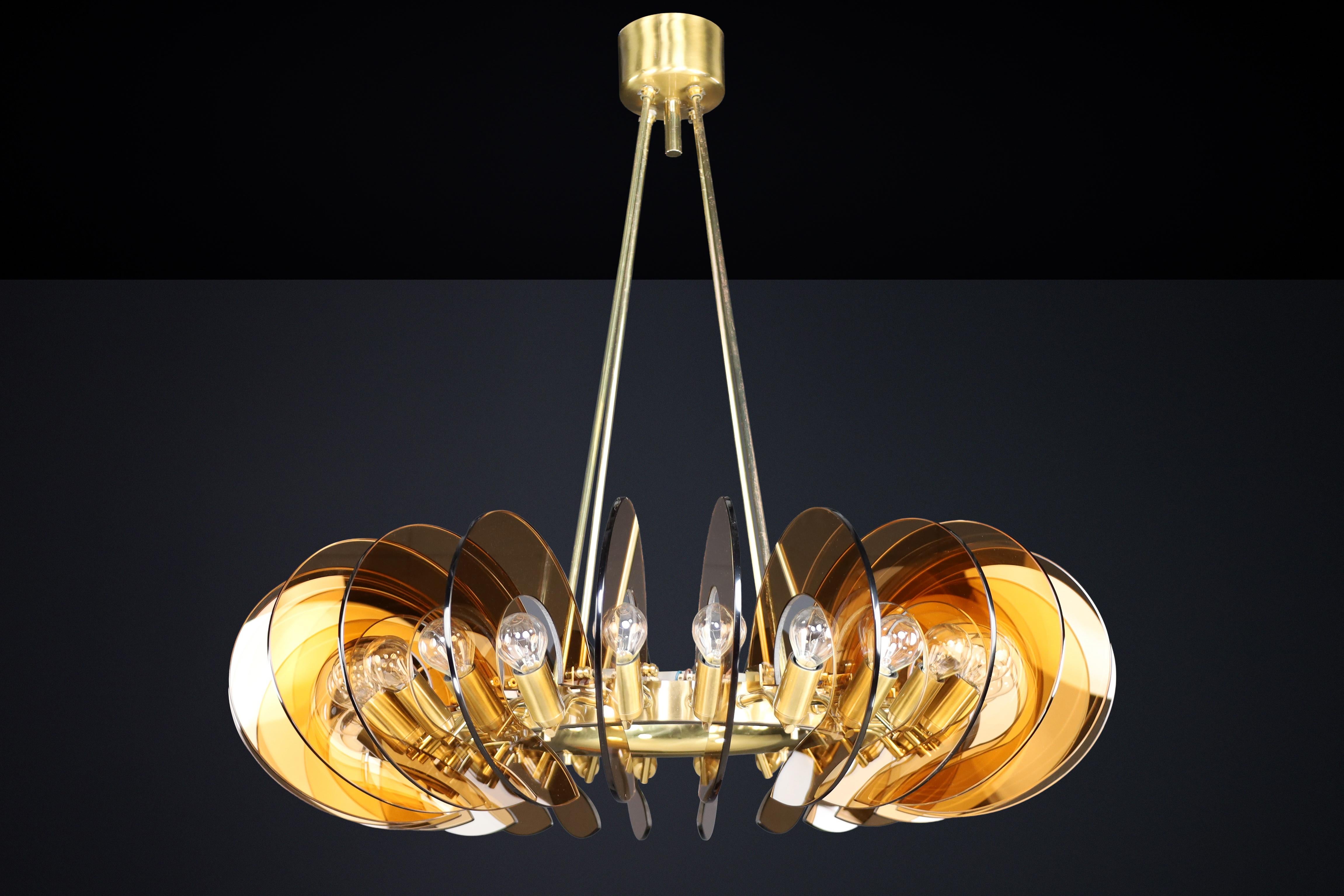 Italiano Pair Monumental Brass & Smoked Glass Chandeliers by Gino Paroldo, Italy, 1970s