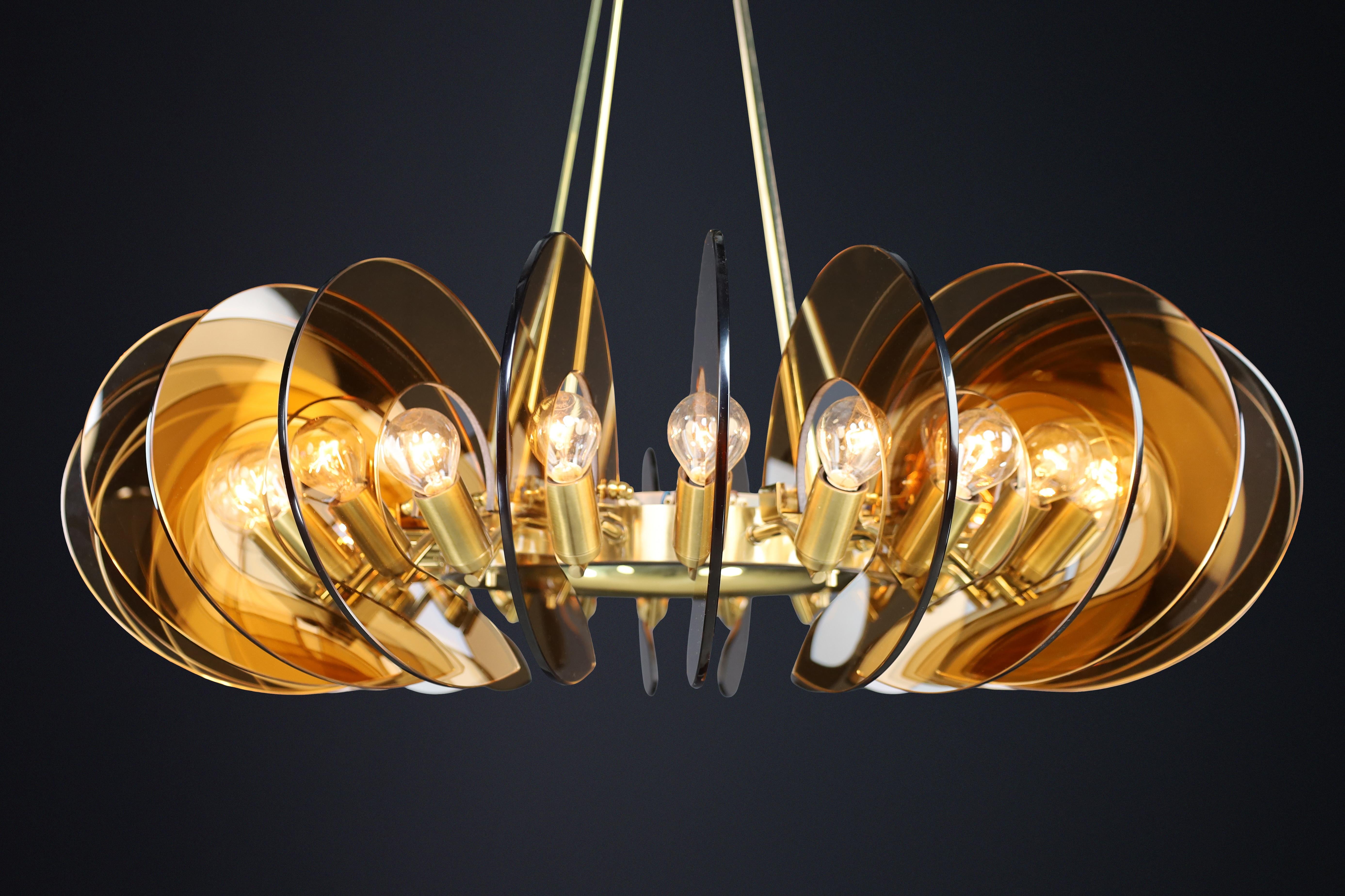 Ottone Pair Monumental Brass & Smoked Glass Chandeliers by Gino Paroldo, Italy, 1970s