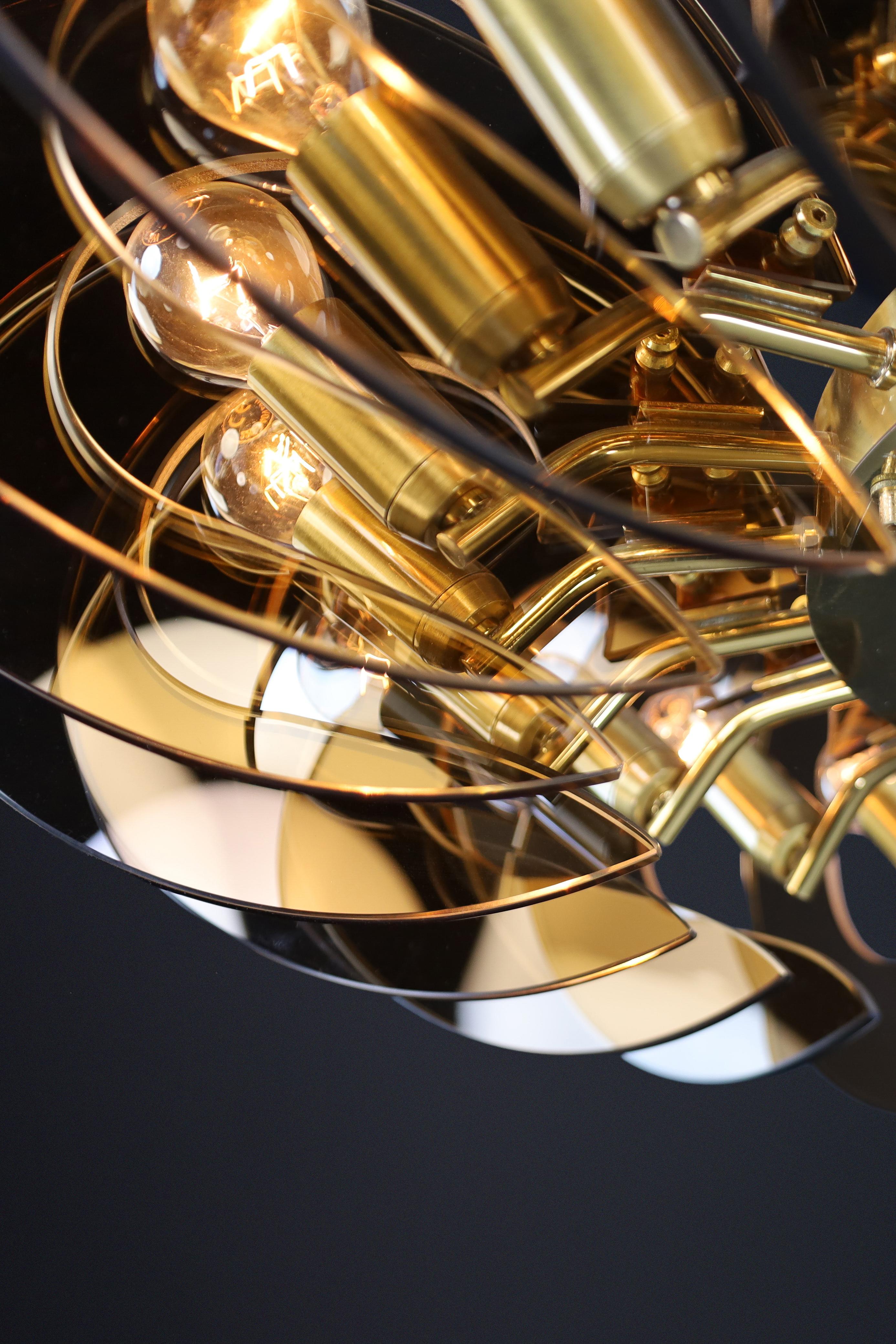 Pair Monumental Brass & Smoked Glass Chandeliers by Gino Paroldo, Italy, 1970s 2