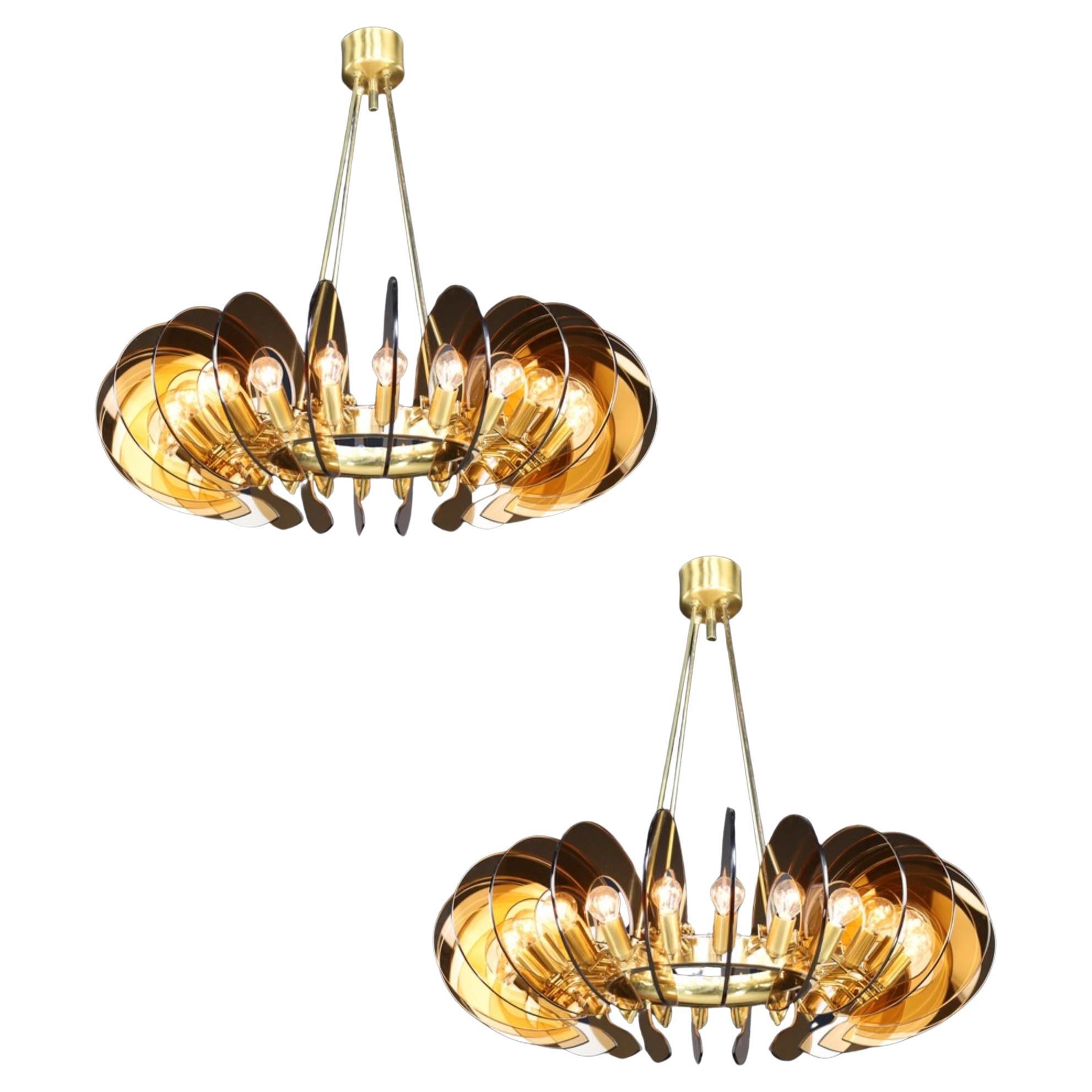 Pair Monumental Brass
Smoked Glass Chandeliers by Gino Paroldo, Italy, 1970s