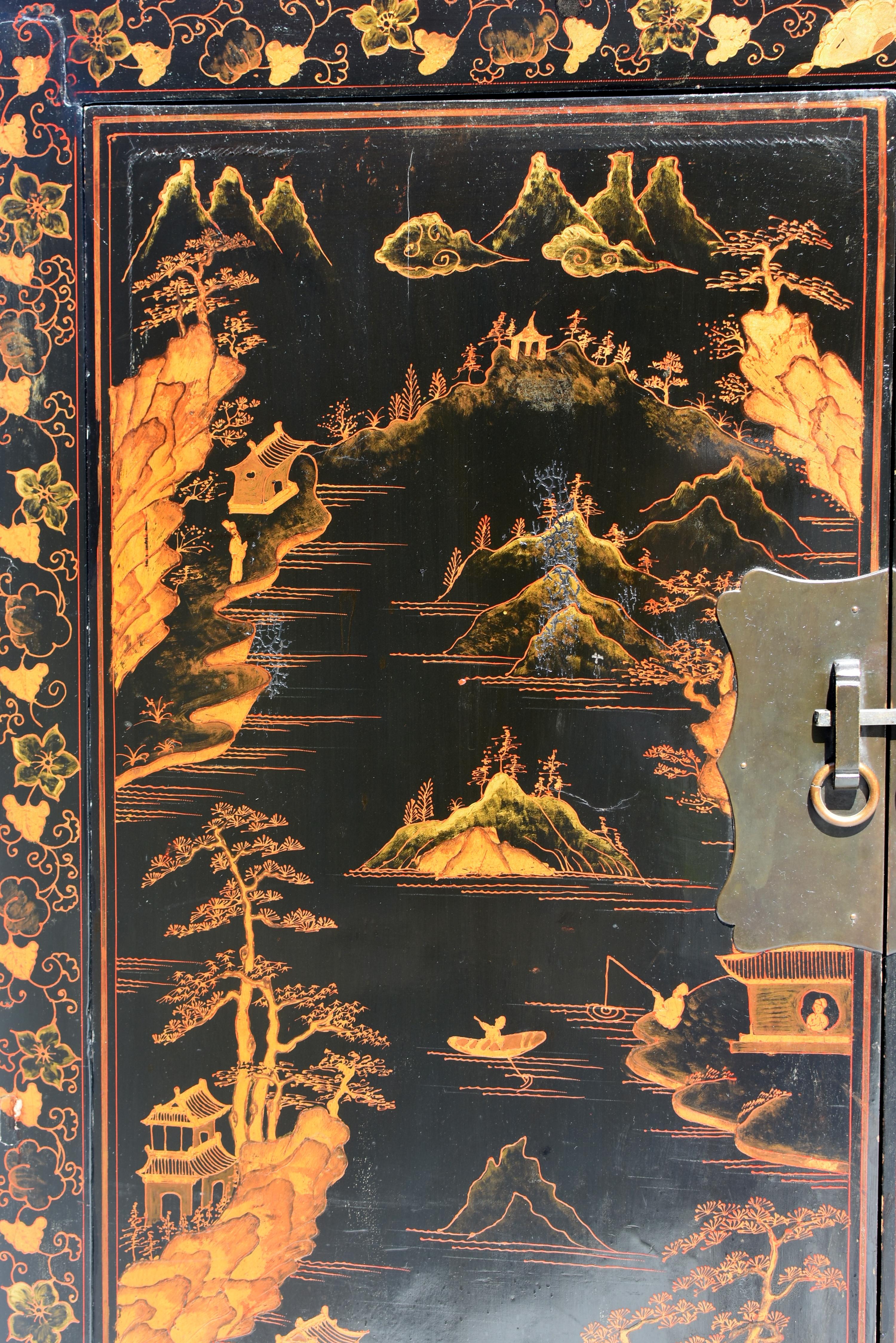 Pair Monumental Chinese Black Lacquered Chinoiserie Painted Cabinets 6