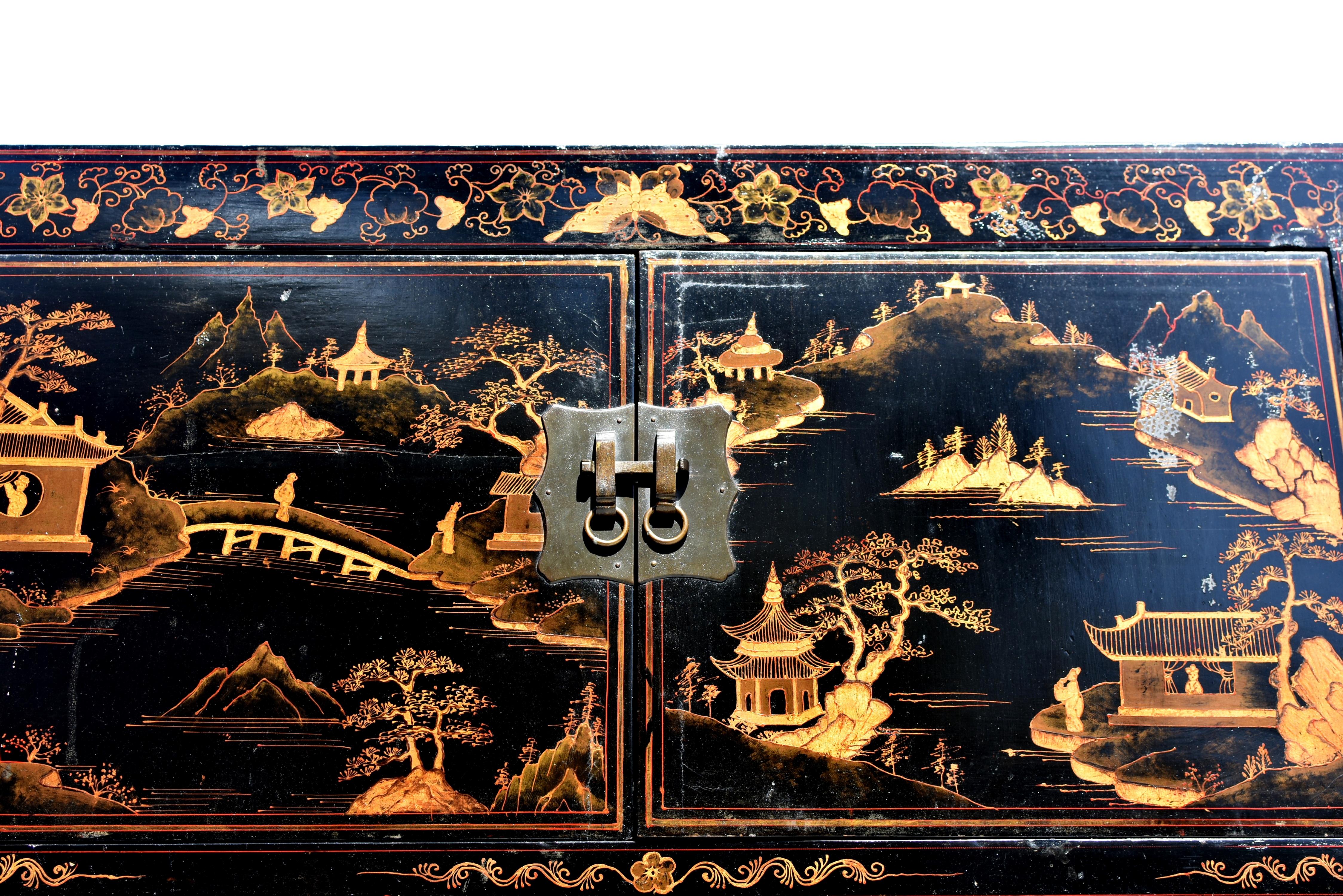 Pair Monumental Chinese Black Lacquered Chinoiserie Painted Cabinets 7