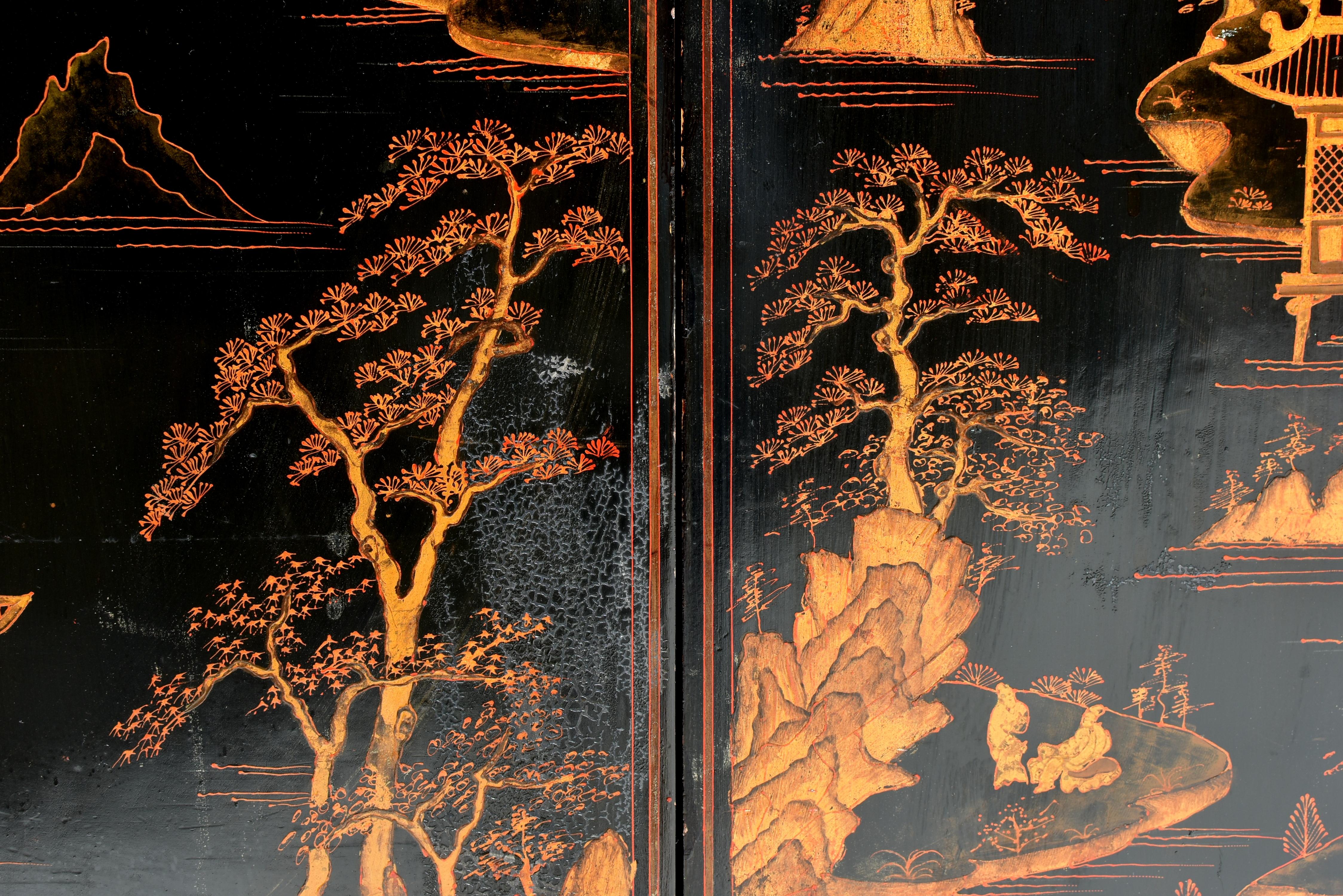 Pair Monumental Chinese Black Lacquered Chinoiserie Painted Cabinets 8