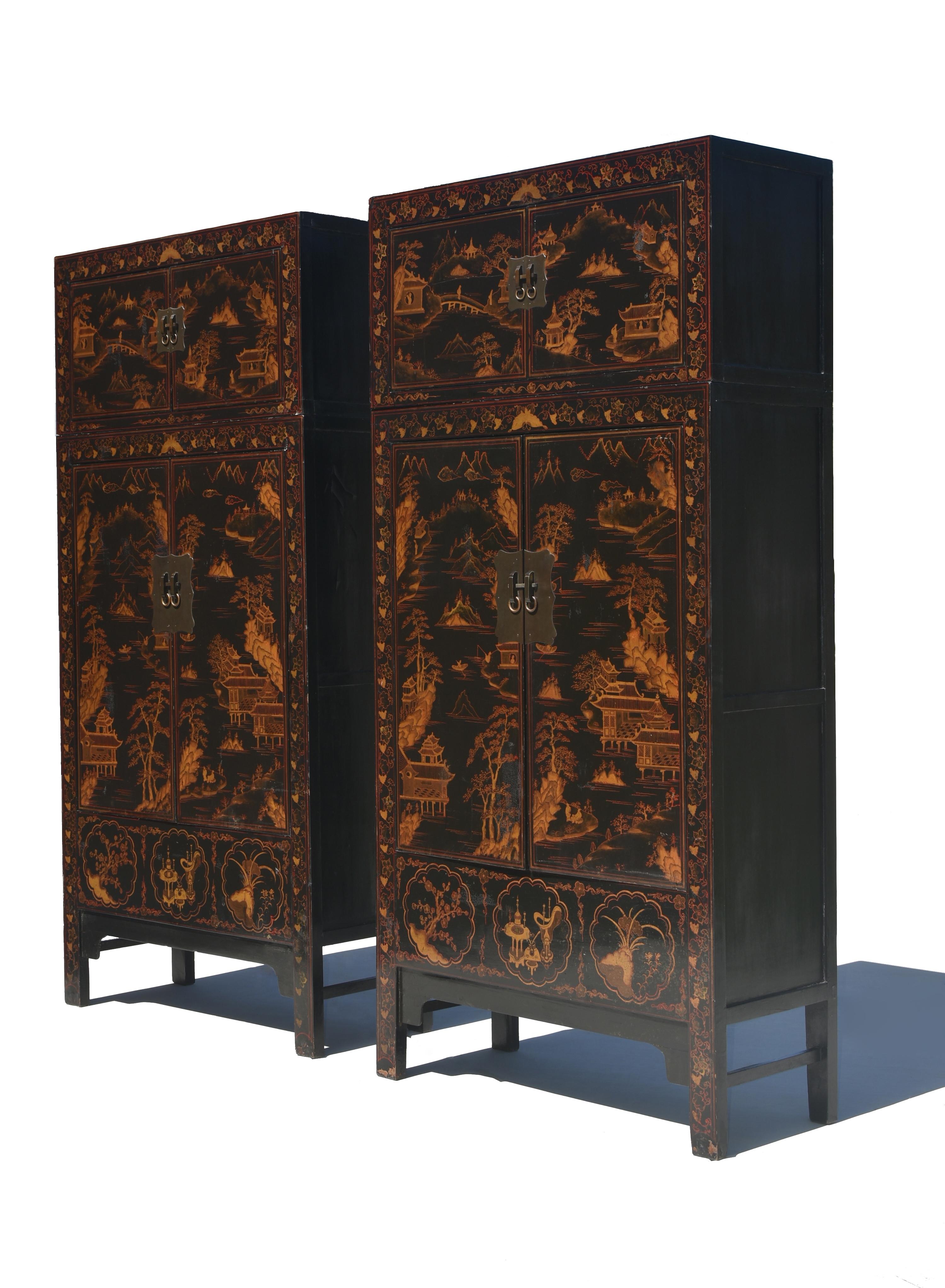 Hand-Painted Pair Monumental Chinese Black Lacquered Chinoiserie Painted Cabinets