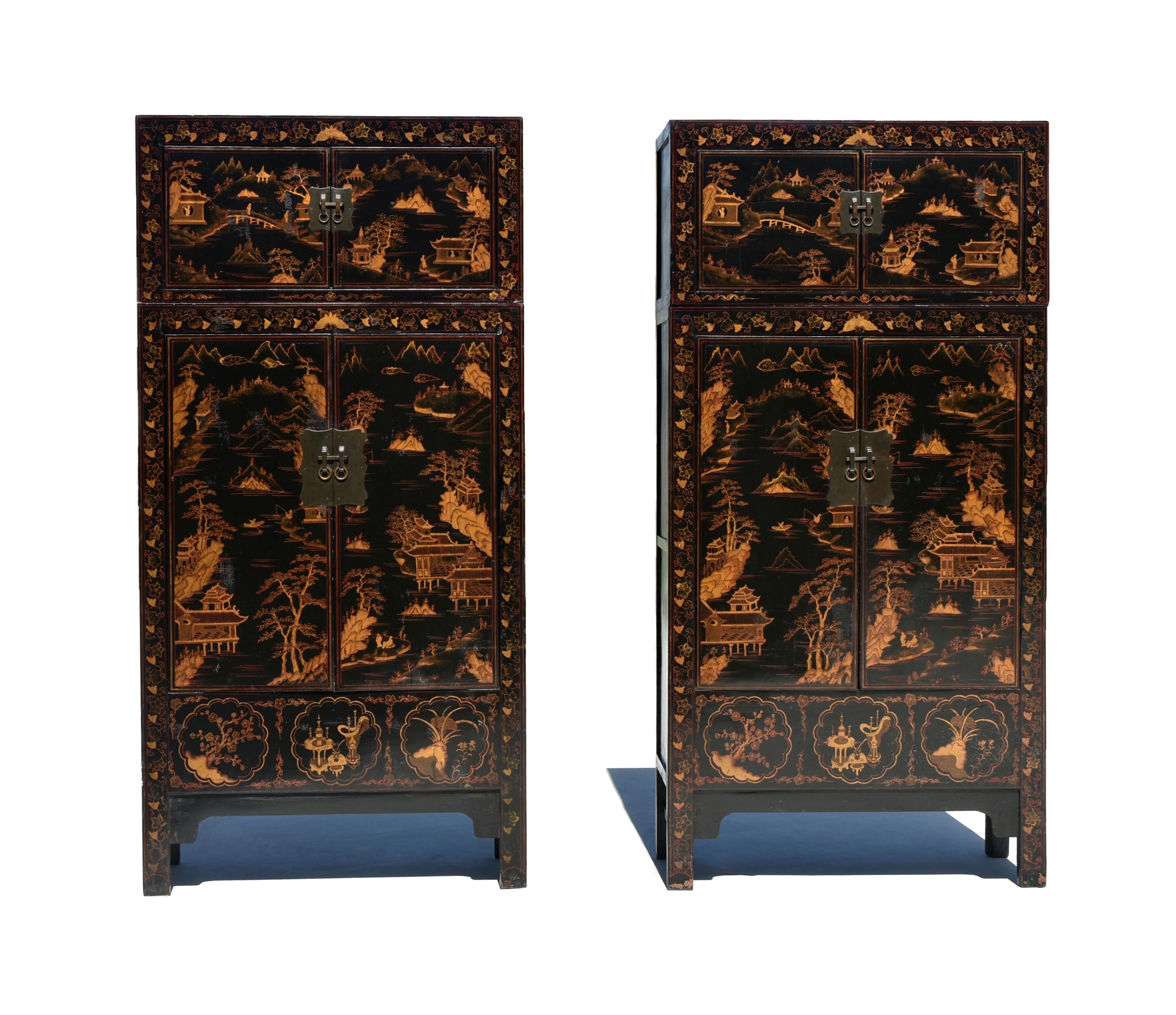 Pair Monumental Chinese Black Lacquered Chinoiserie Painted Cabinets In Good Condition In Somis, CA
