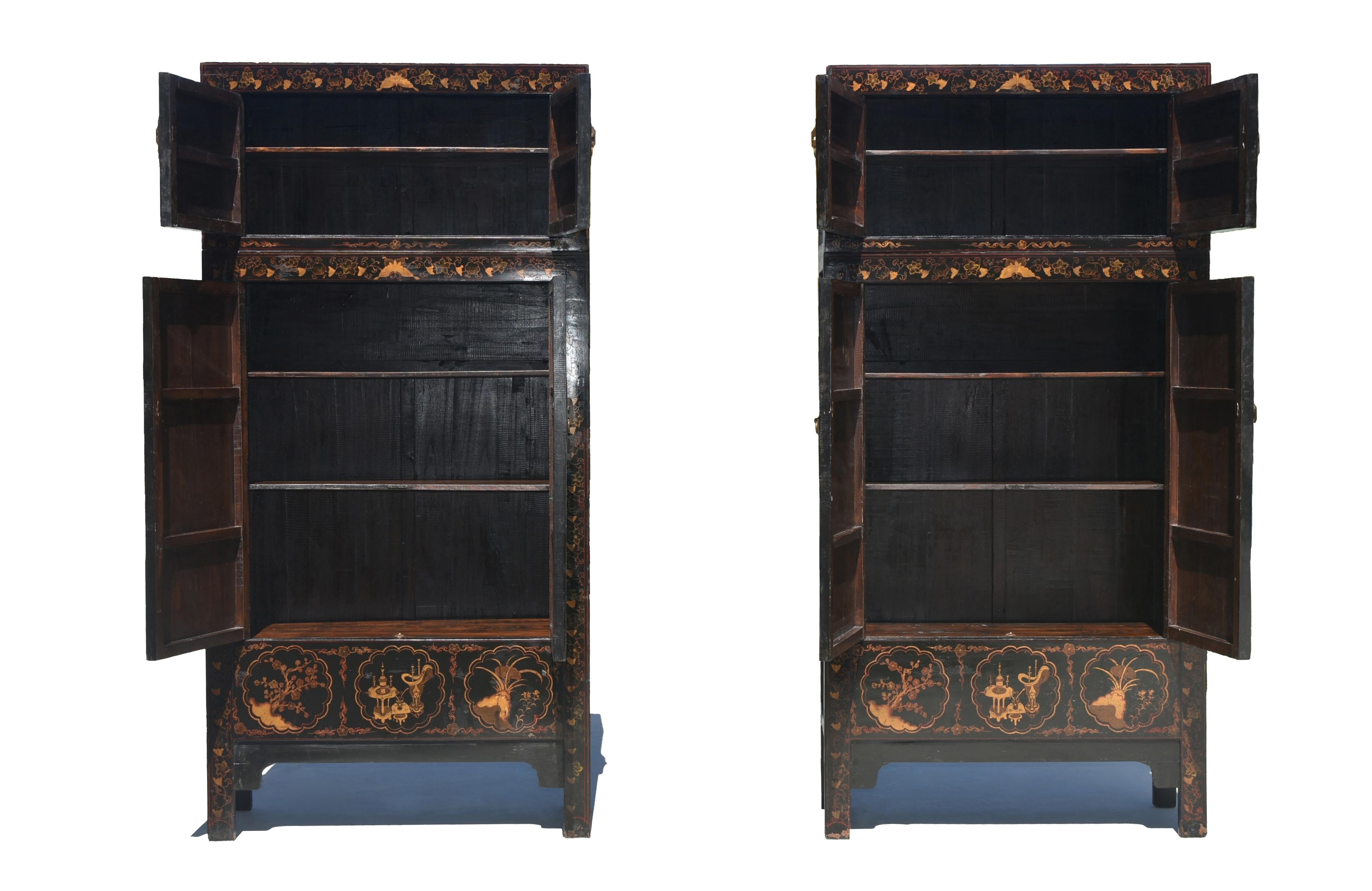 20th Century Pair Monumental Chinese Black Lacquered Chinoiserie Painted Cabinets