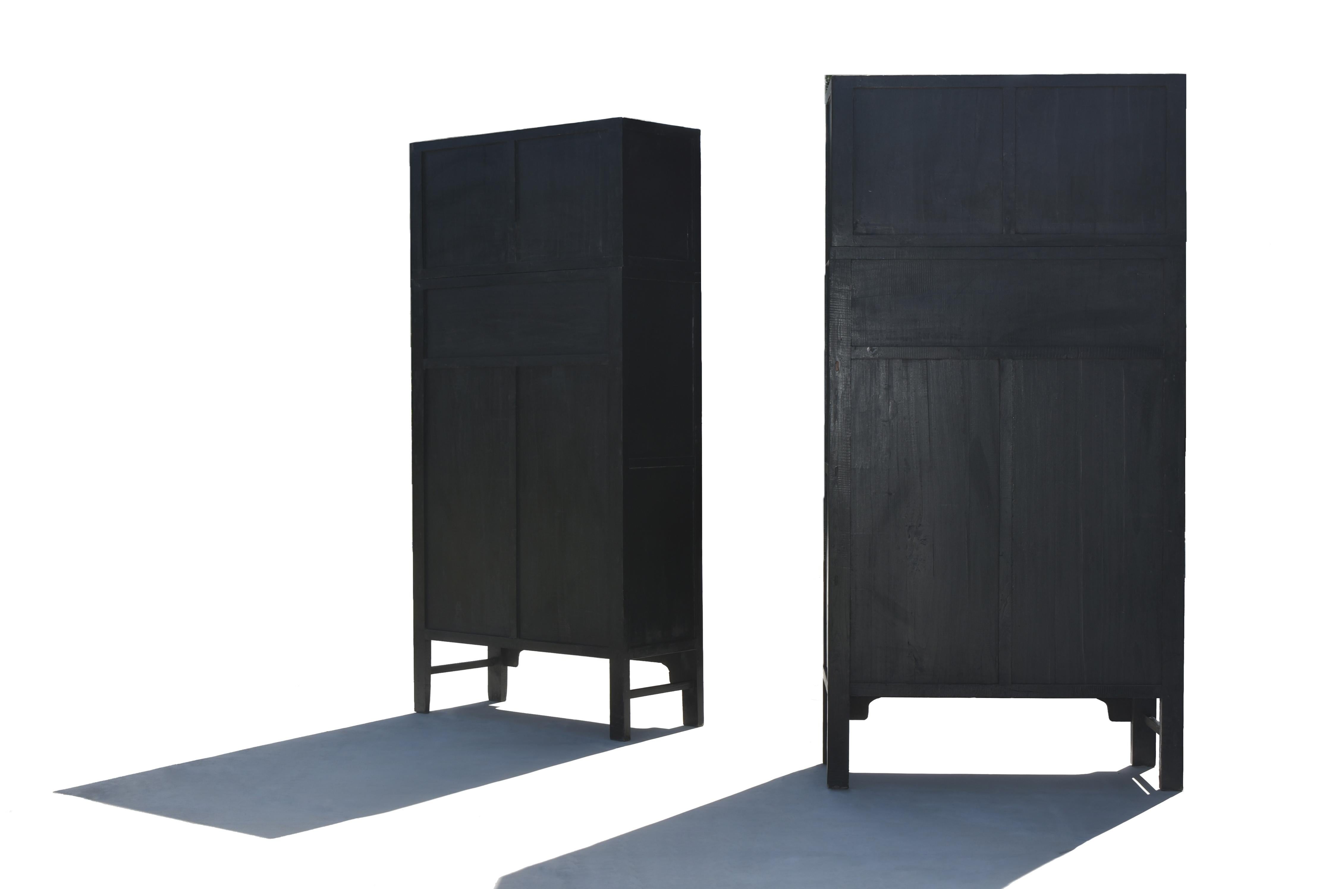 Wood Pair Monumental Chinese Black Lacquered Chinoiserie Painted Cabinets